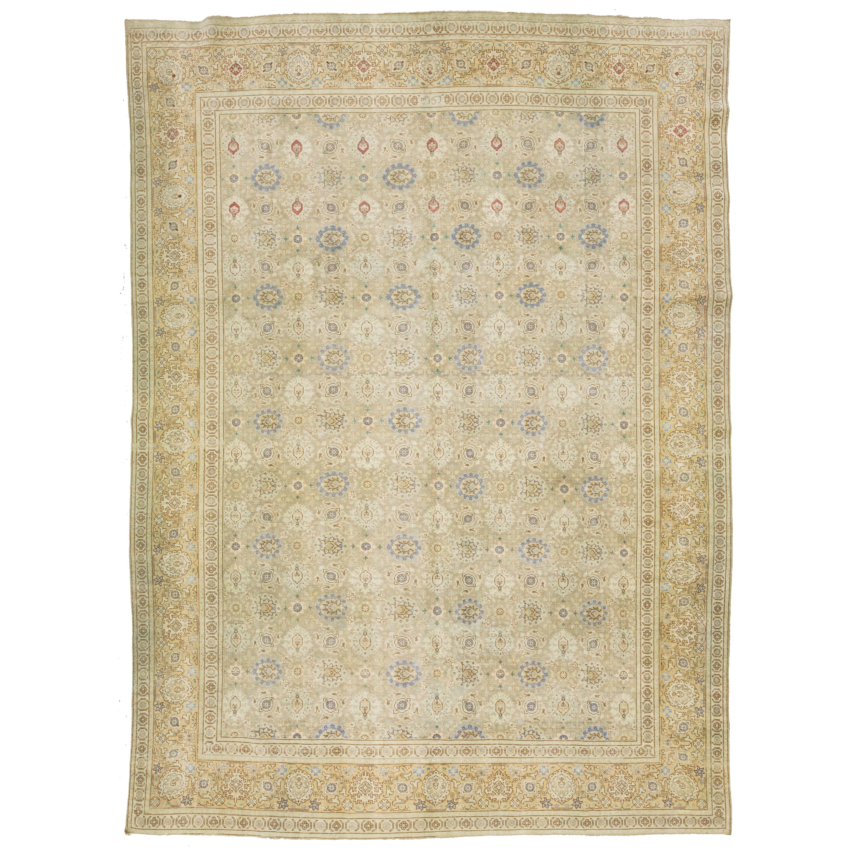 Antique 1920s Persian Tabriz Wool Rug With Floral Pattern In Beige