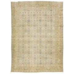 Antique 1920s Persian Tabriz Wool Rug With Floral Pattern In Beige