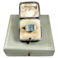 Antique 1920s, Platinum, Aquamarine & Old Cut Diamond Cocktail Statement Ring