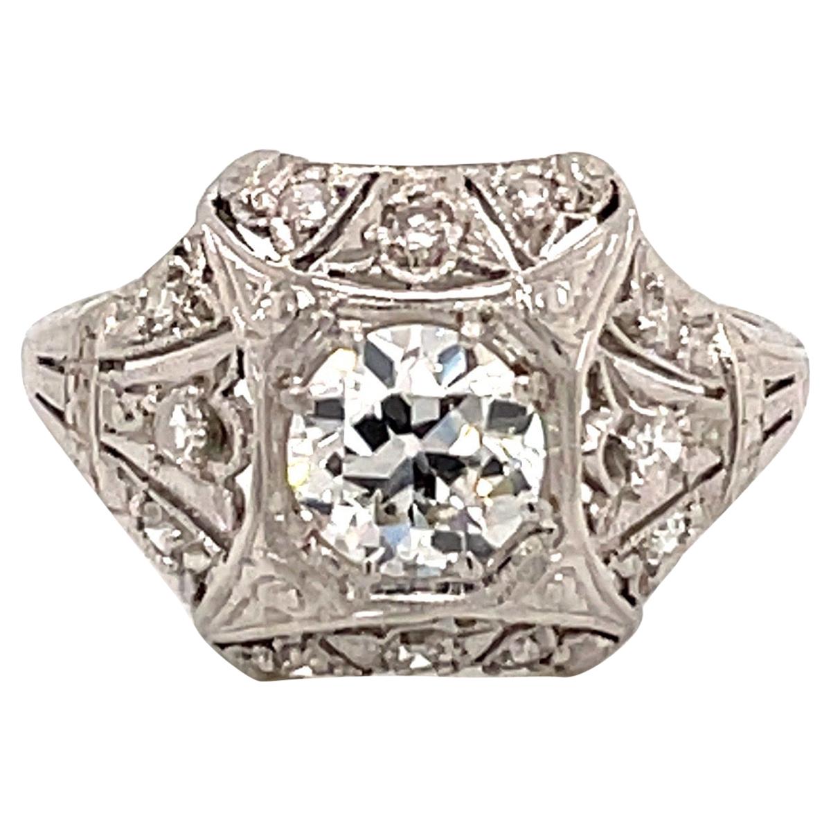 Bague de fiançailles ancienne en platine avec diamants de 0,74 carat, années 1920