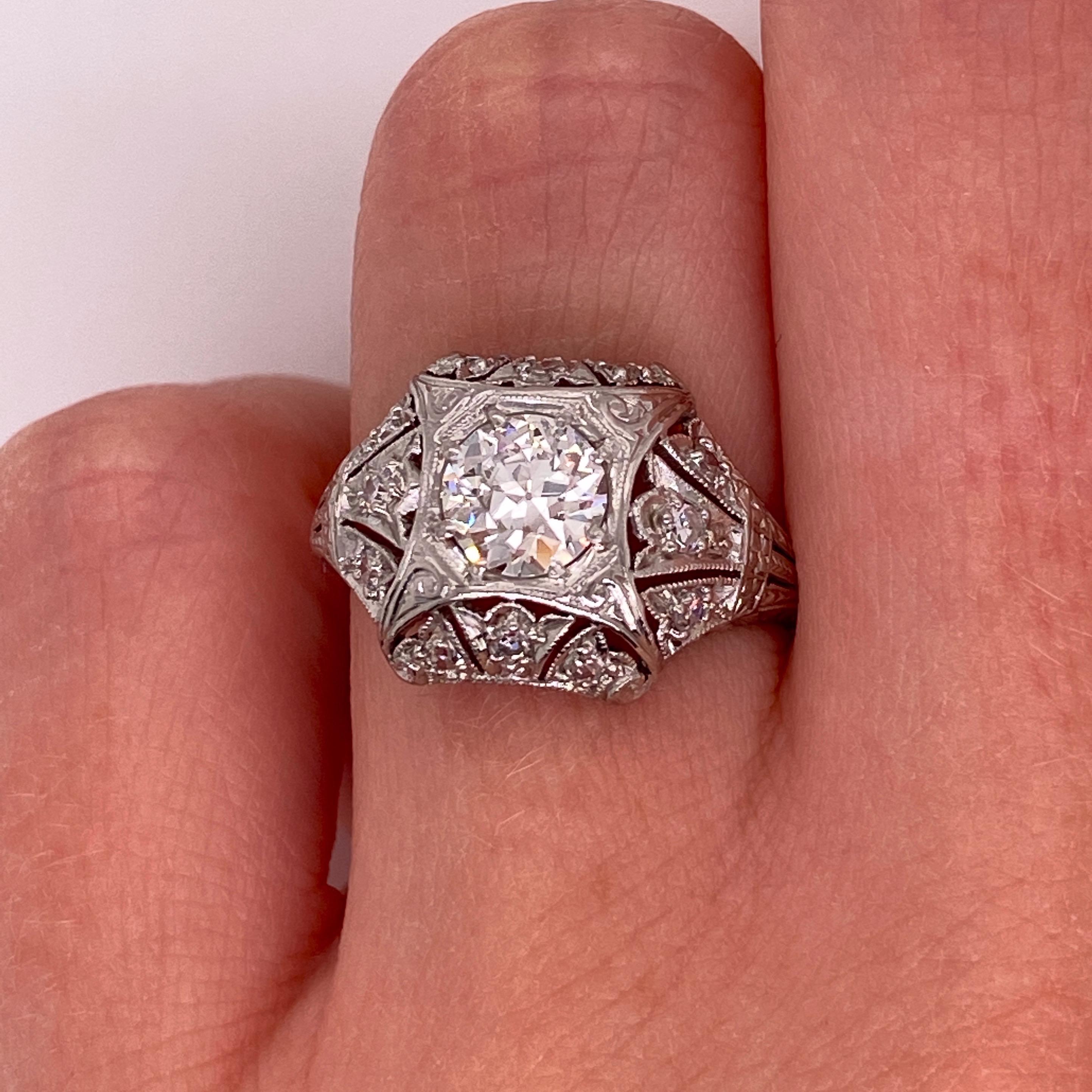 Antique 1920s Platinum Diamond Engagement Ring .74 Carat For Sale 1