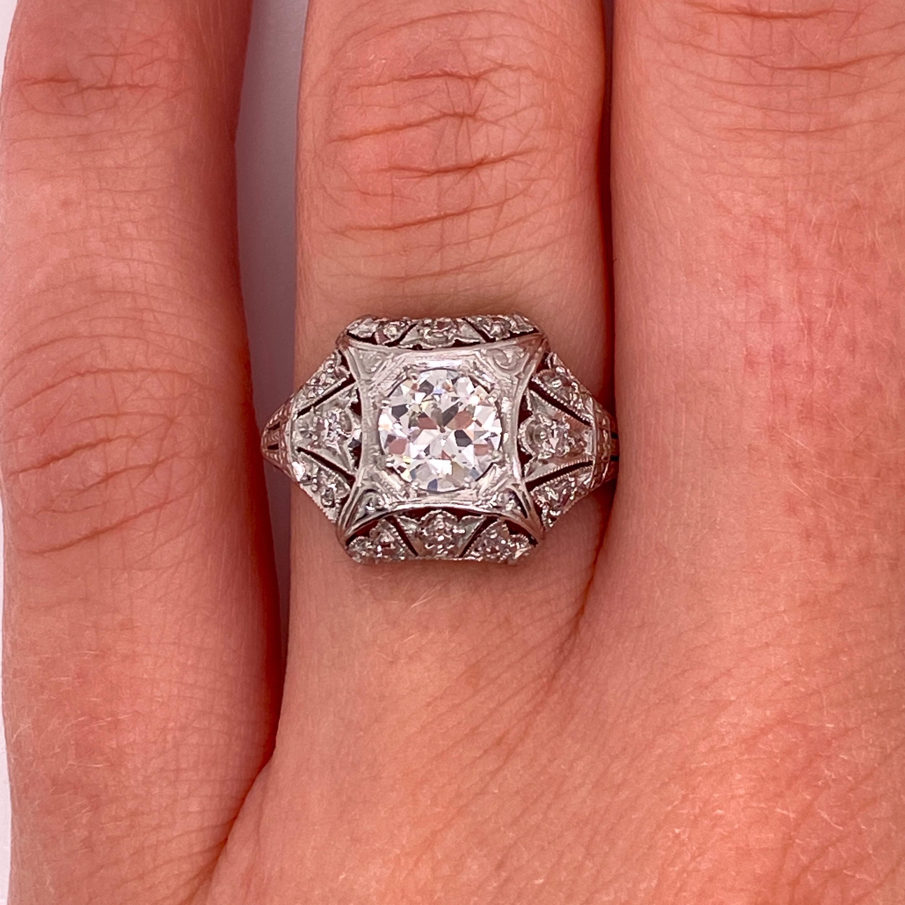 Antique 1920s Platinum Diamond Engagement Ring .74 Carat For Sale 2