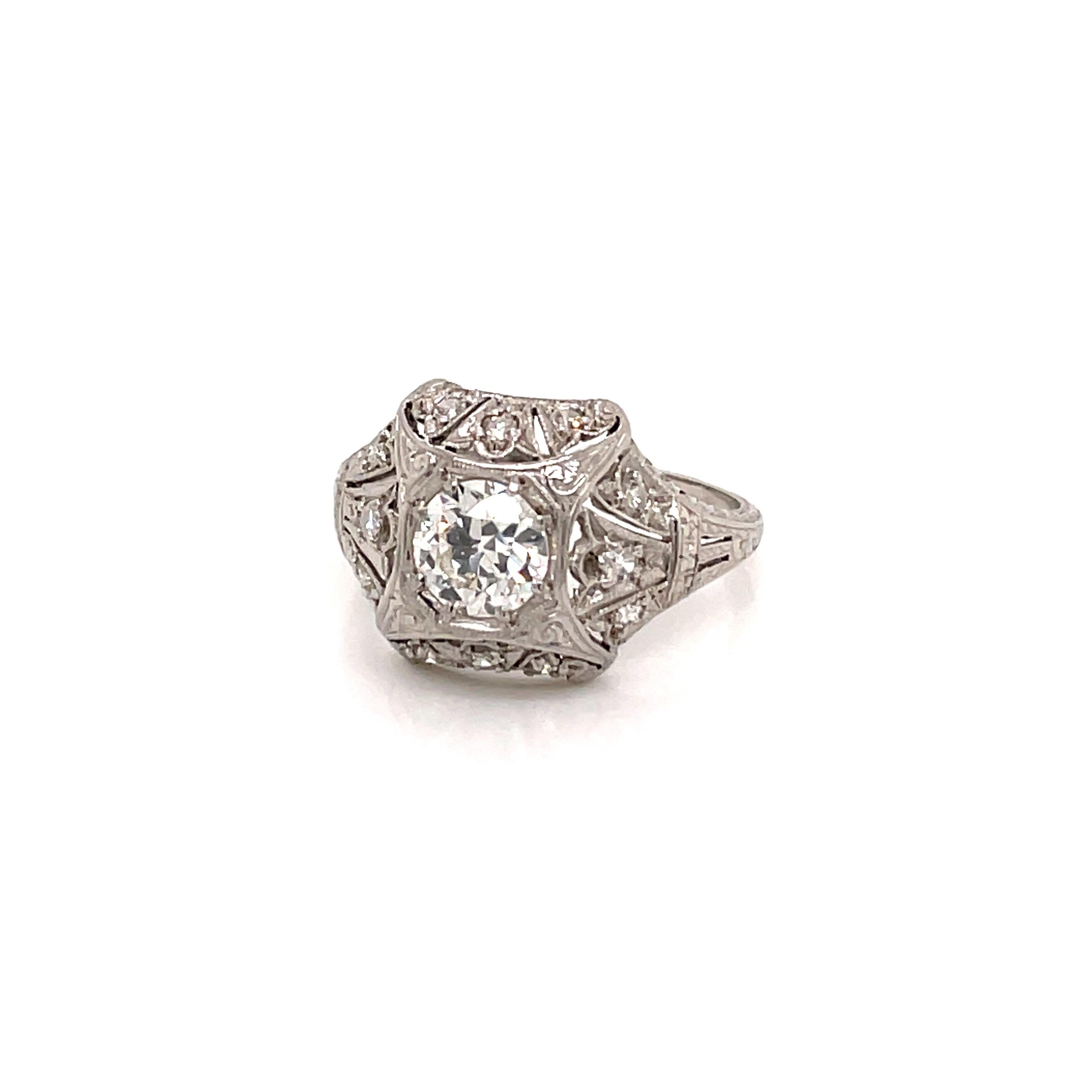 Art Deco Antique 1920s Platinum Diamond Engagement Ring .74 Carat For Sale