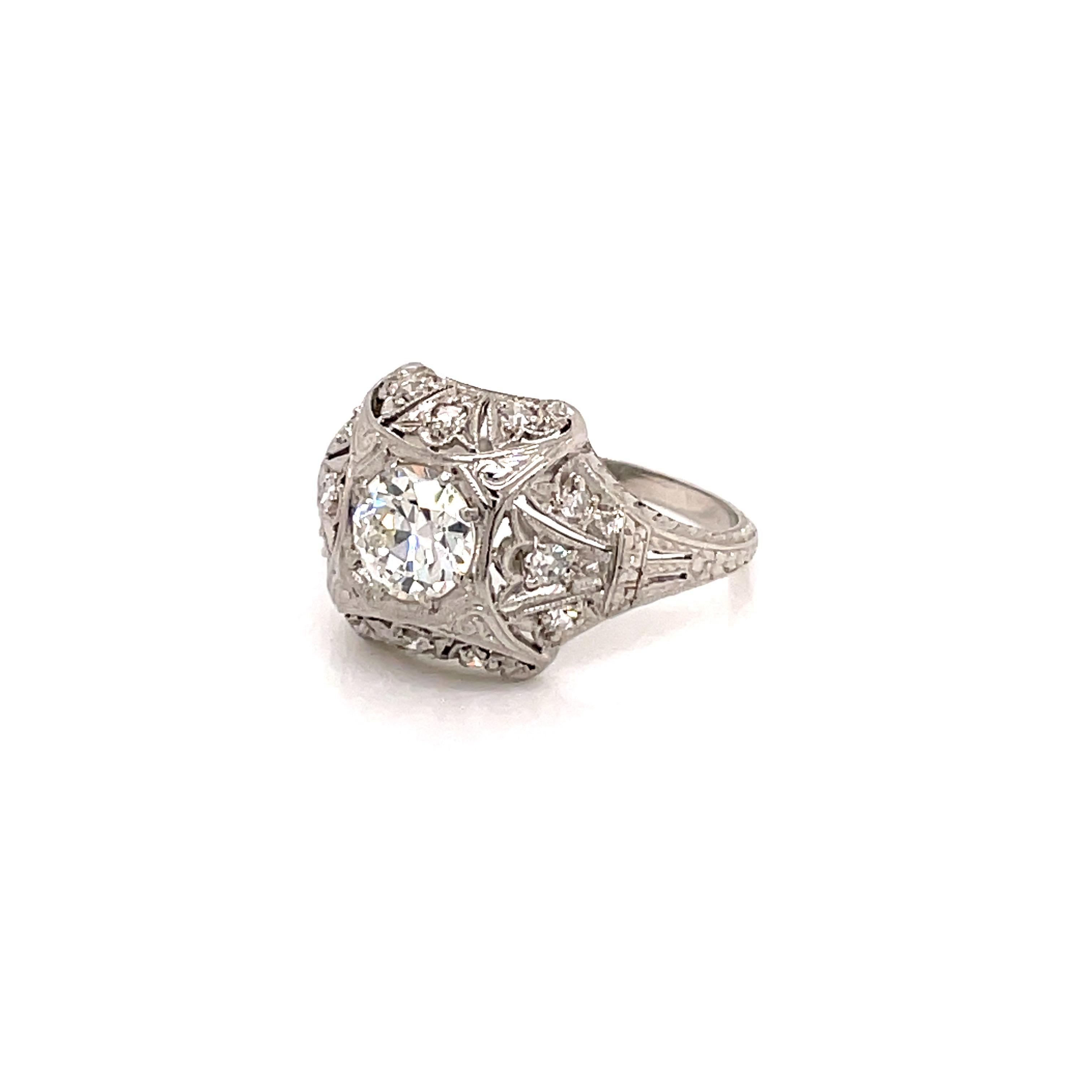Old European Cut Antique 1920s Platinum Diamond Engagement Ring .74 Carat For Sale