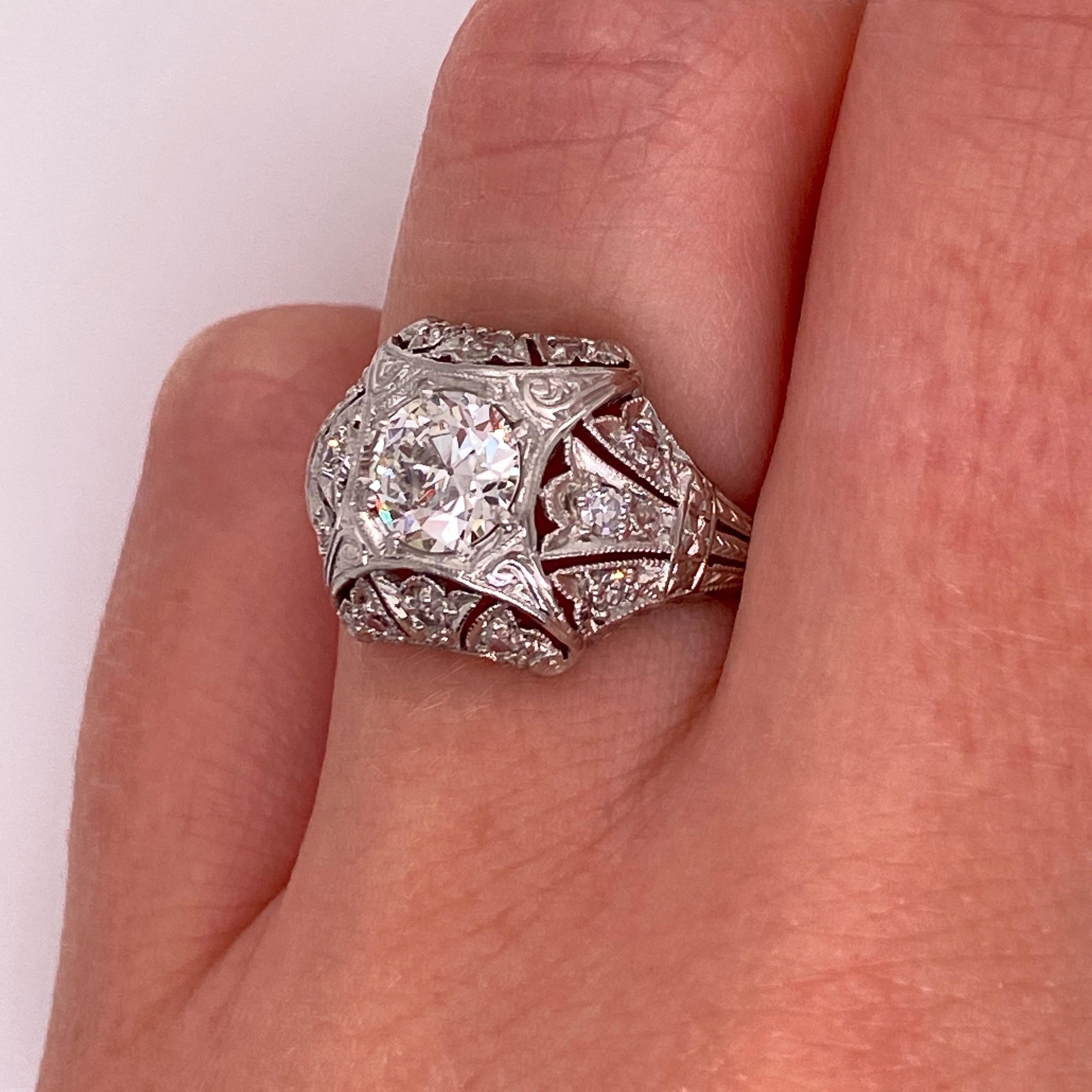 Antique 1920s Platinum Diamond Engagement Ring .74 Carat In Good Condition For Sale In Boston, MA