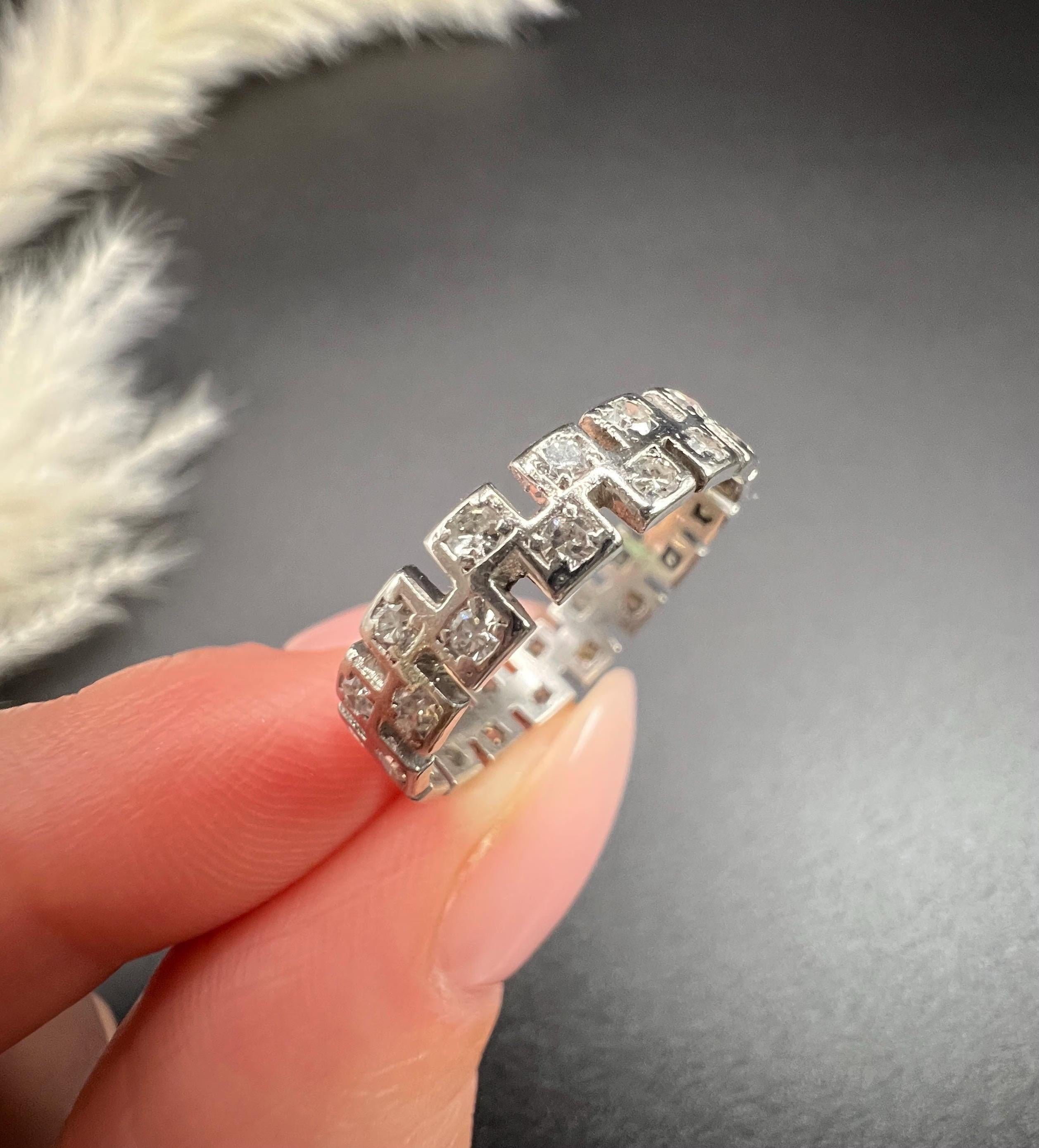 Antique 1920s Platinum Fancy Cut-Out Diamond Eternity Ring, Wedding Band Ring For Sale 2