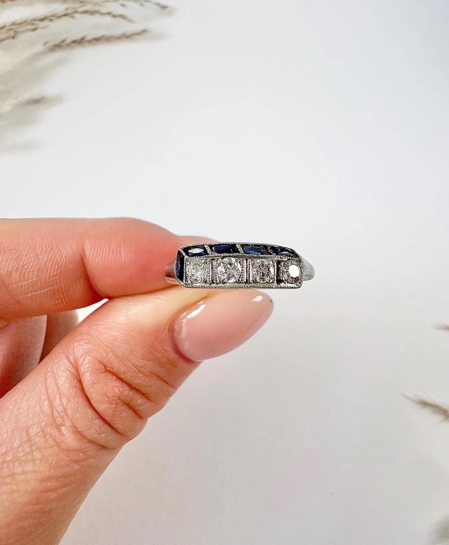 Antique 1920s Platinum, Original Art Deco Sapphire & Diamond 3D Effect Ring 5