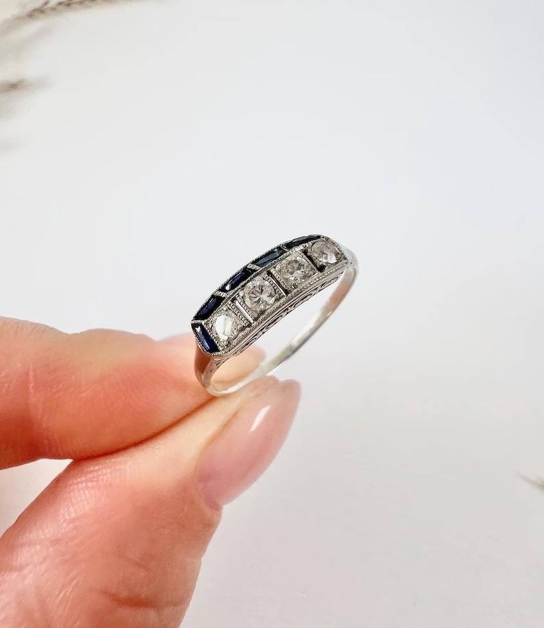 Antique 1920s Platinum, Original Art Deco Sapphire & Diamond 3D Effect Ring 6