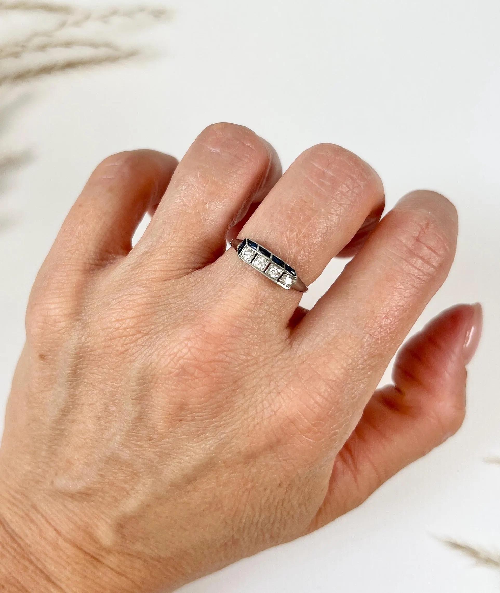 Women's or Men's Antique 1920s Platinum, Original Art Deco Sapphire & Diamond 3D Effect Ring