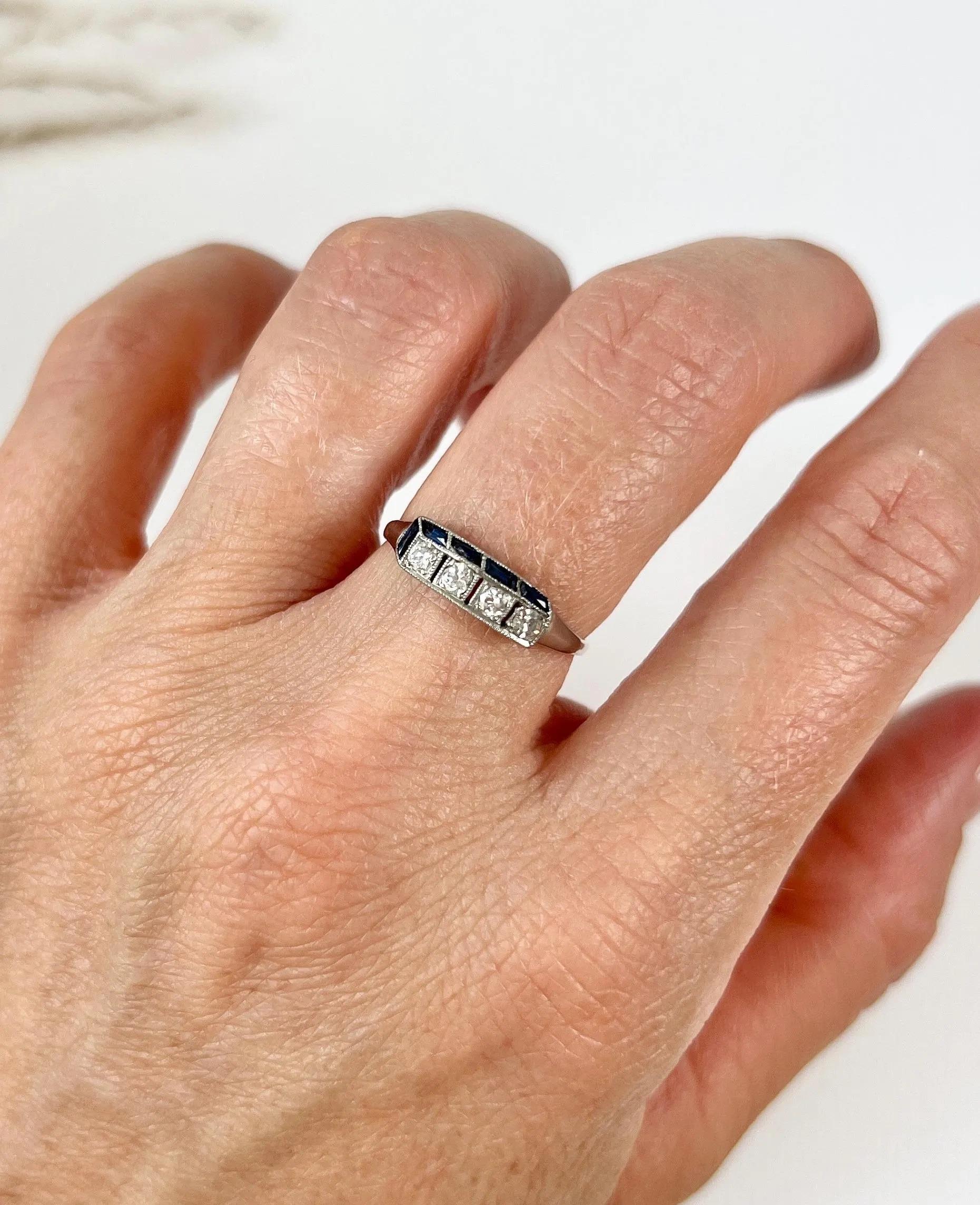 Antique 1920s Platinum, Original Art Deco Sapphire & Diamond 3D Effect Ring 1