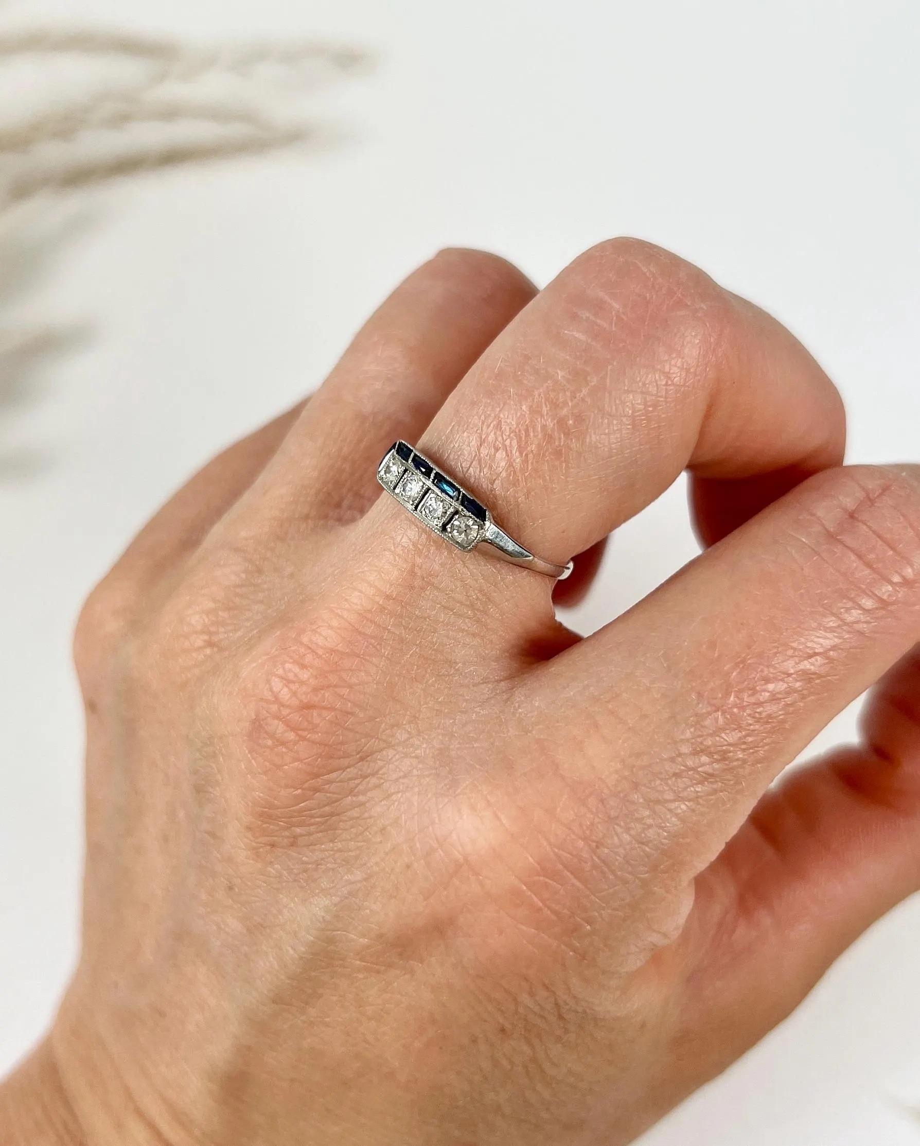 Antique 1920s Platinum, Original Art Deco Sapphire & Diamond 3D Effect Ring 2