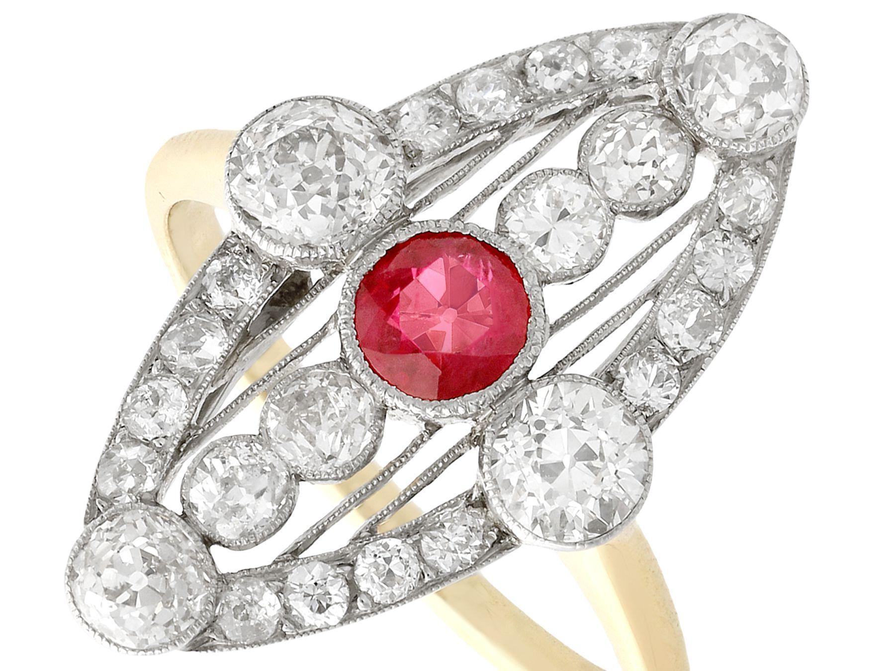 Art Deco Antique 1920s Ruby and 1.88 Carat Diamond Yellow Gold Marquise Ring For Sale