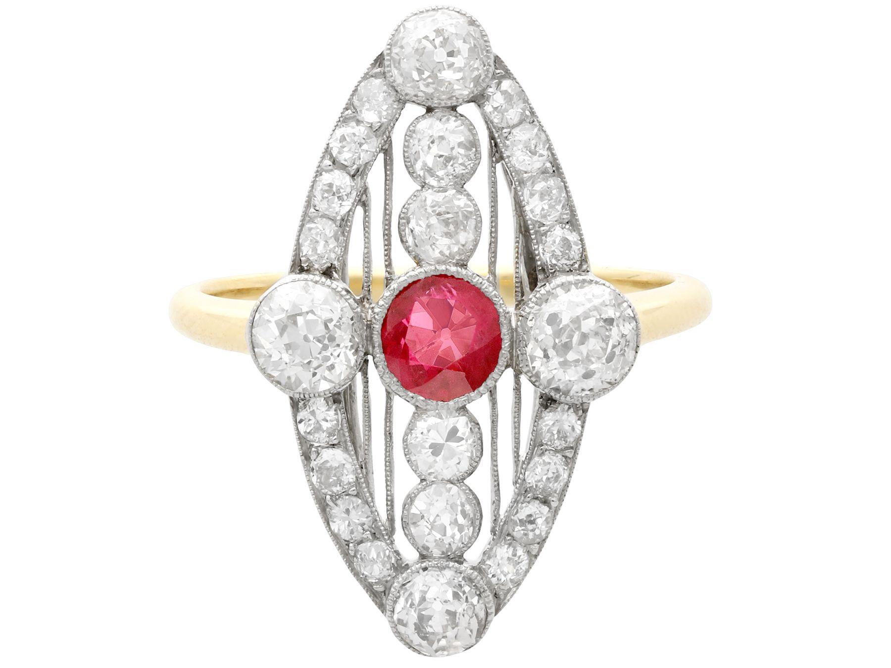 Round Cut Antique 1920s Ruby and 1.88 Carat Diamond Yellow Gold Marquise Ring For Sale