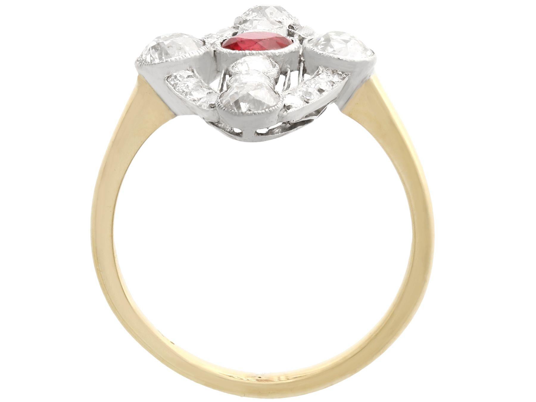 Round Cut Antique 1920s Ruby and 1.88 Carat Diamond Yellow Gold Marquise Ring For Sale