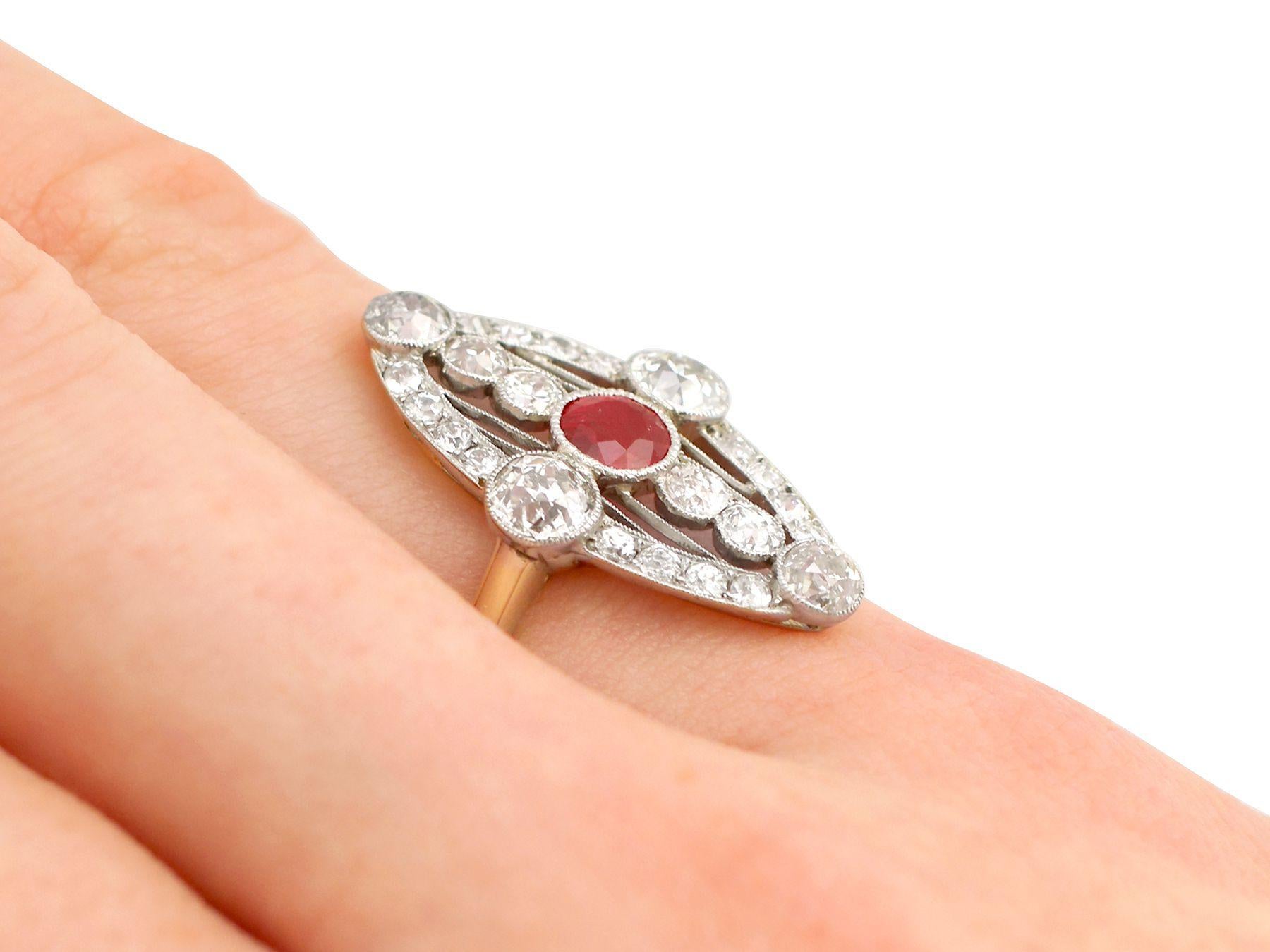 Women's Antique 1920s Ruby and 1.88 Carat Diamond Yellow Gold Marquise Ring For Sale