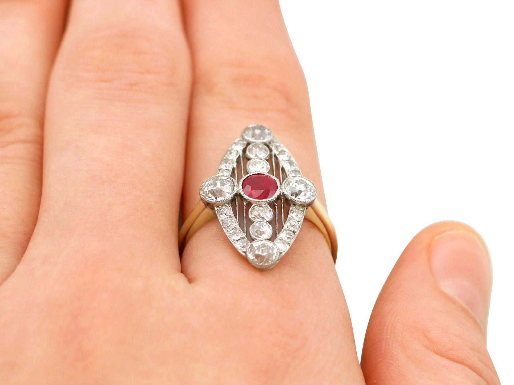 Antique 1920s Ruby and 1.88 Carat Diamond Yellow Gold Marquise Ring For Sale 2