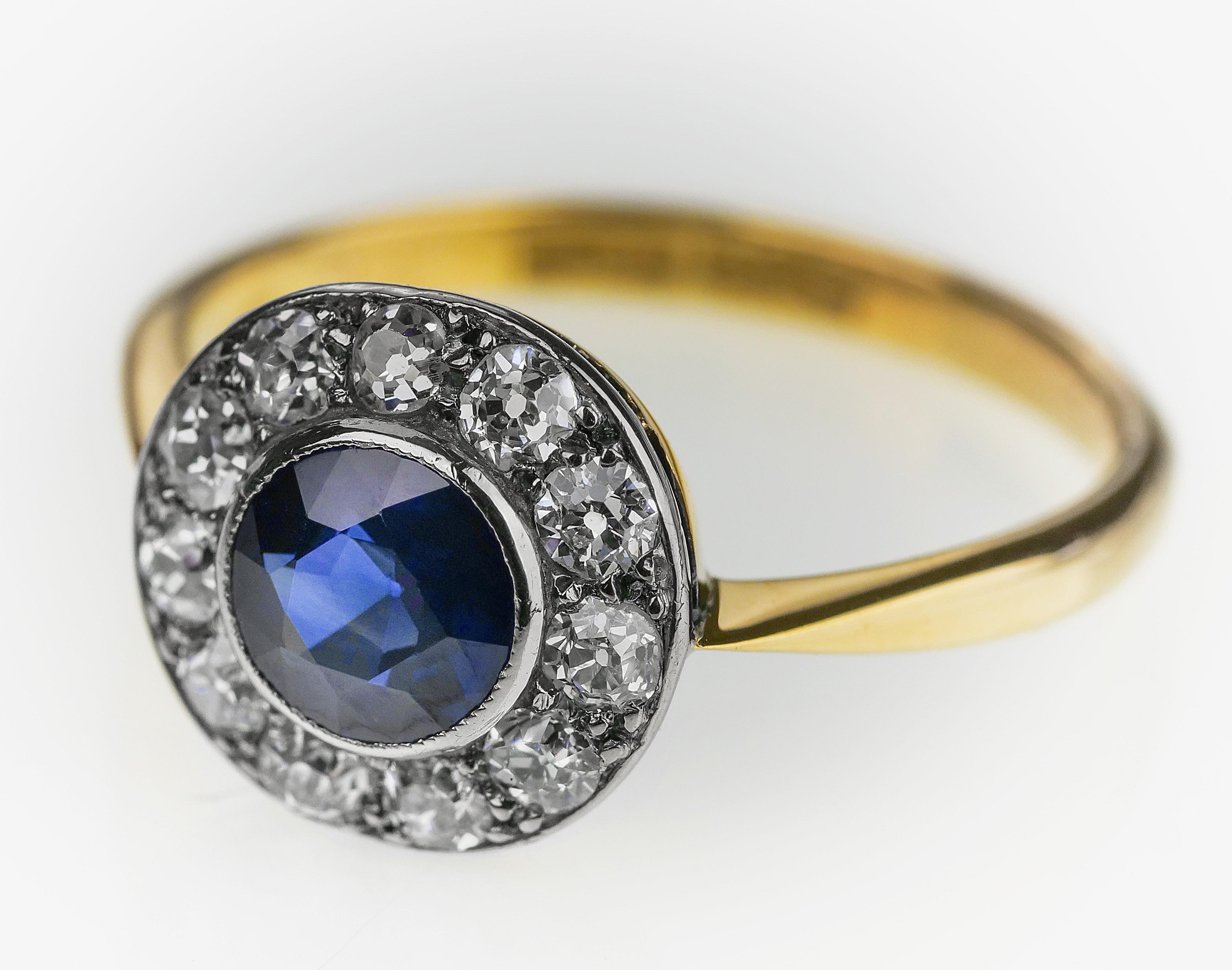 Edwardian Antique 1900 Sapphire & Old European Cut Diamond Round Cluster Ring