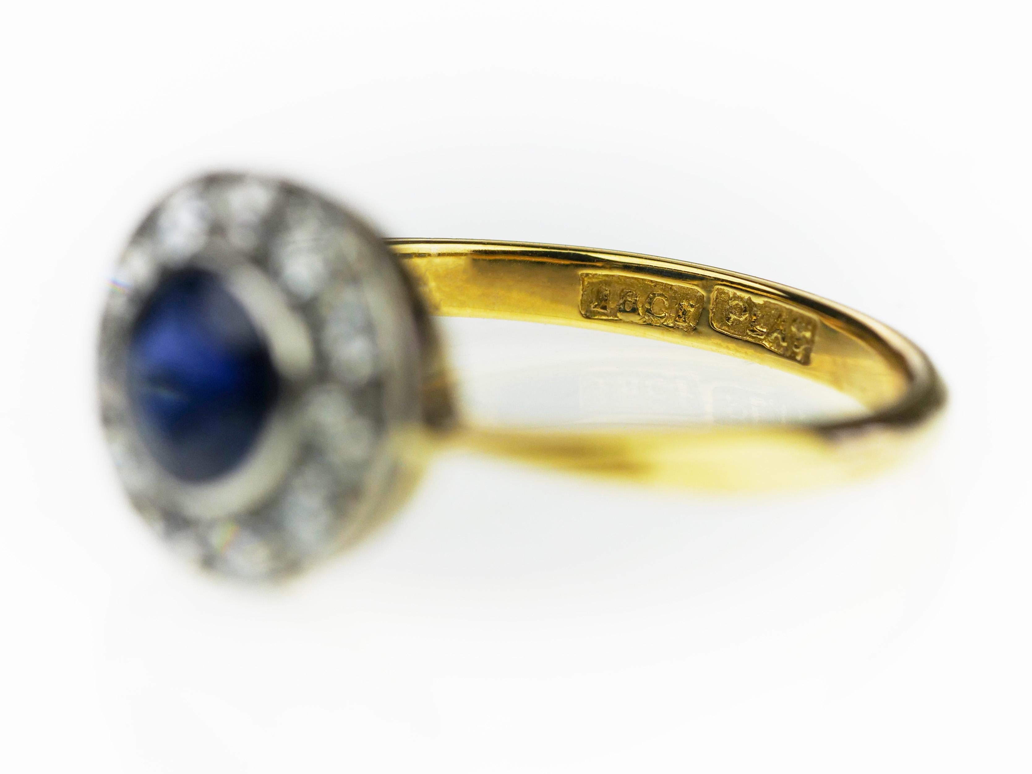 Round Cut Antique 1900 Sapphire & Old European Cut Diamond Round Cluster Ring