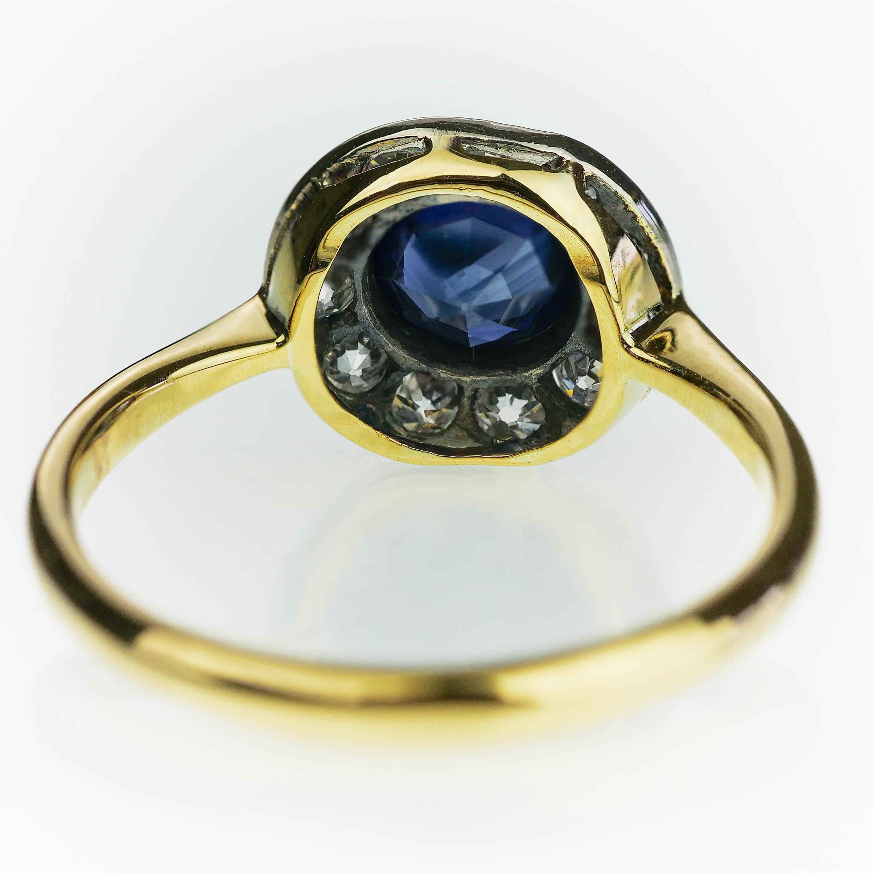Antique 1900 Sapphire & Old European Cut Diamond Round Cluster Ring In Excellent Condition In London, GB