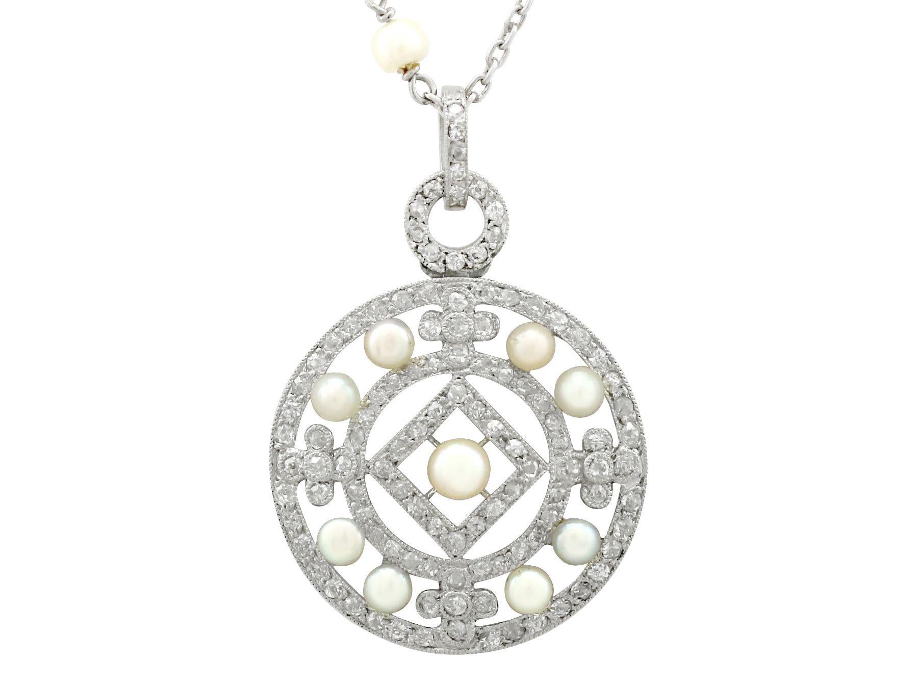 Women's Antique 1920s Seed Pearl and 1.11 Carat Diamond and Platinum Pendant For Sale