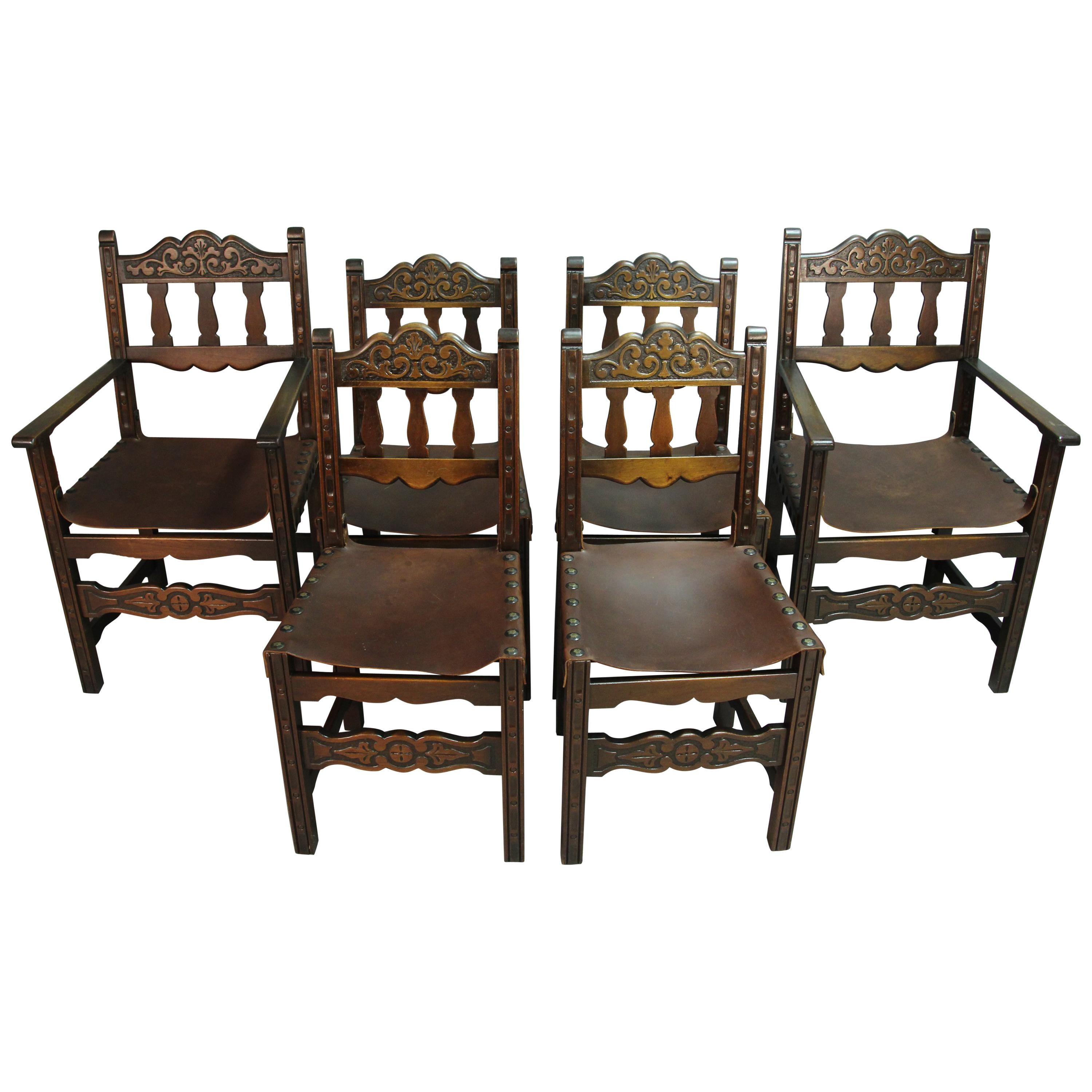 Antique 1920s Set of 6 Spanish Revival Dining Room Chairs with Leather