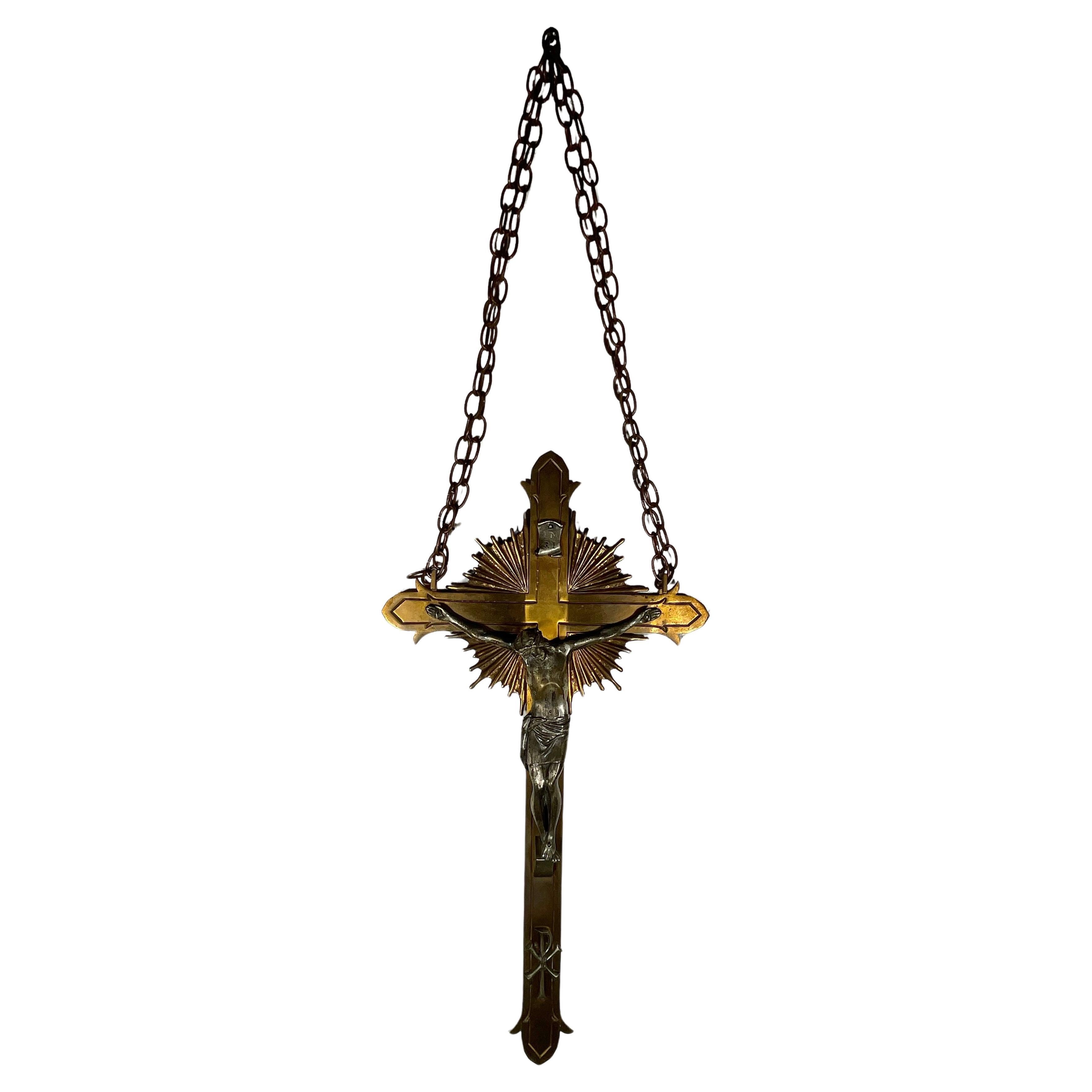 Art Deco Antique 1920's solid Bronze Stylized Crucifix  - Silver Plated Jesus Christ For Sale