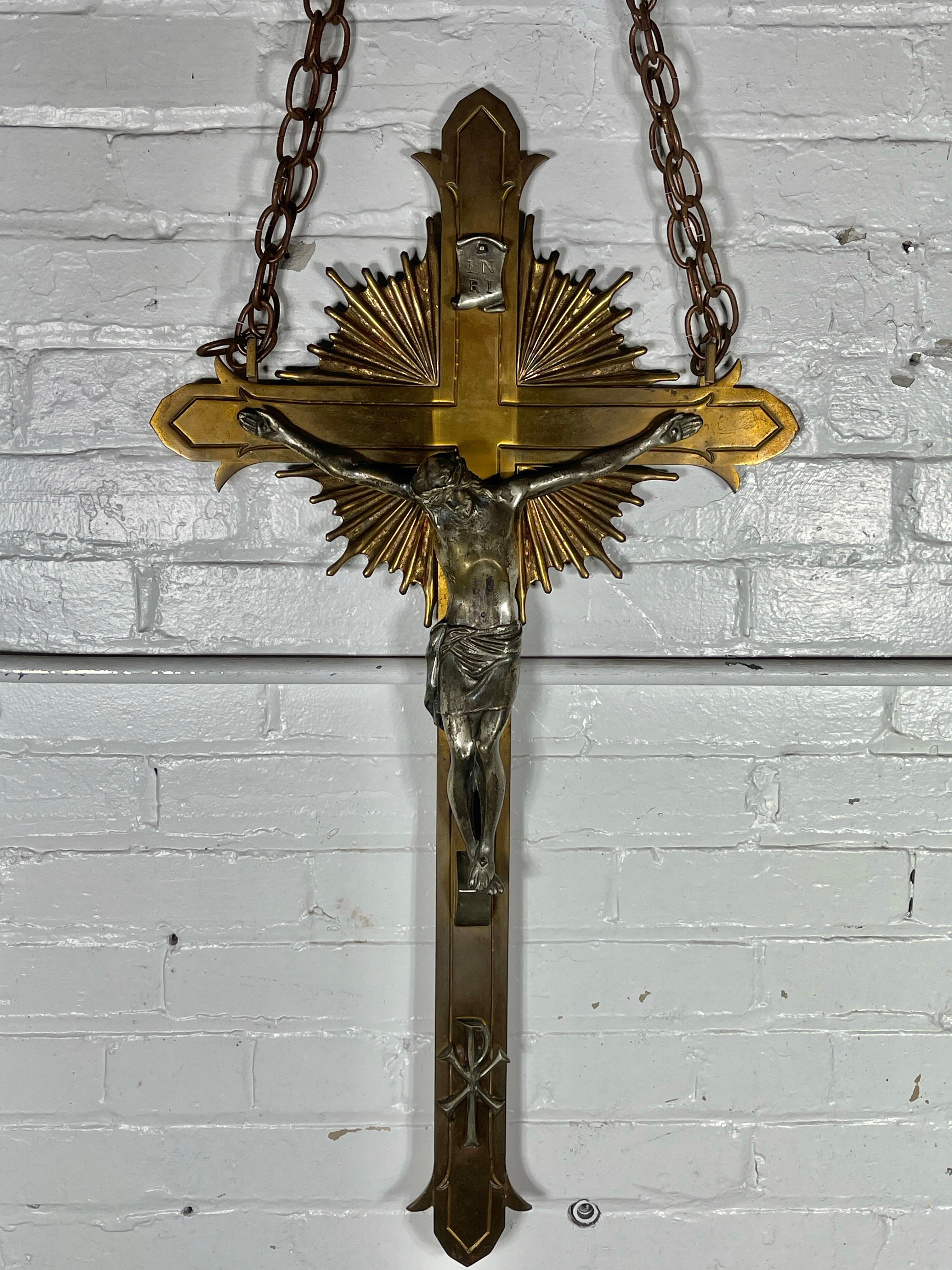 Cast Antique 1920's solid Bronze Stylized Crucifix  - Silver Plated Jesus Christ For Sale