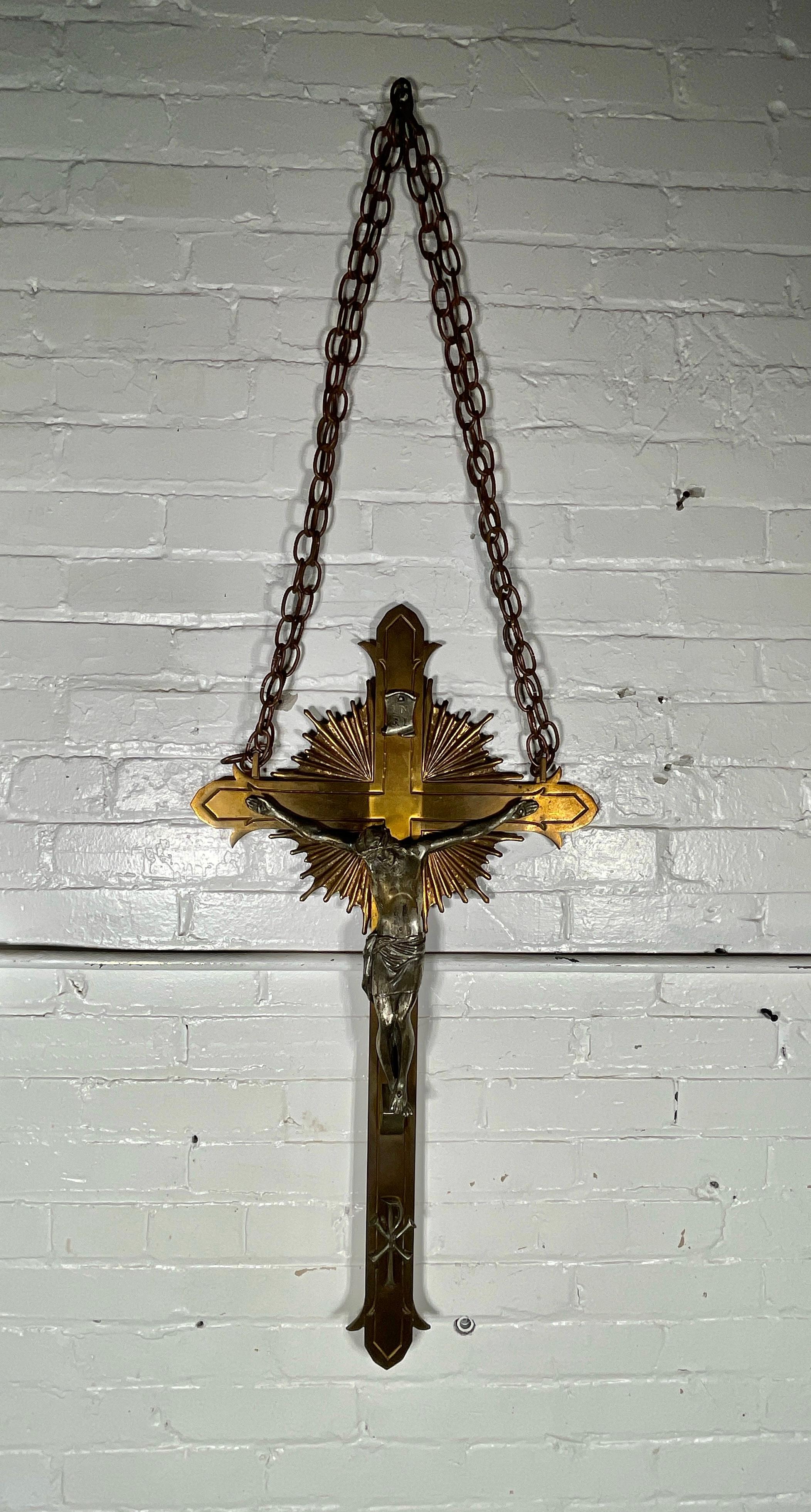 Antique 1920's solid Bronze Stylized Crucifix  - Silver Plated Jesus Christ In Good Condition For Sale In Buffalo, NY