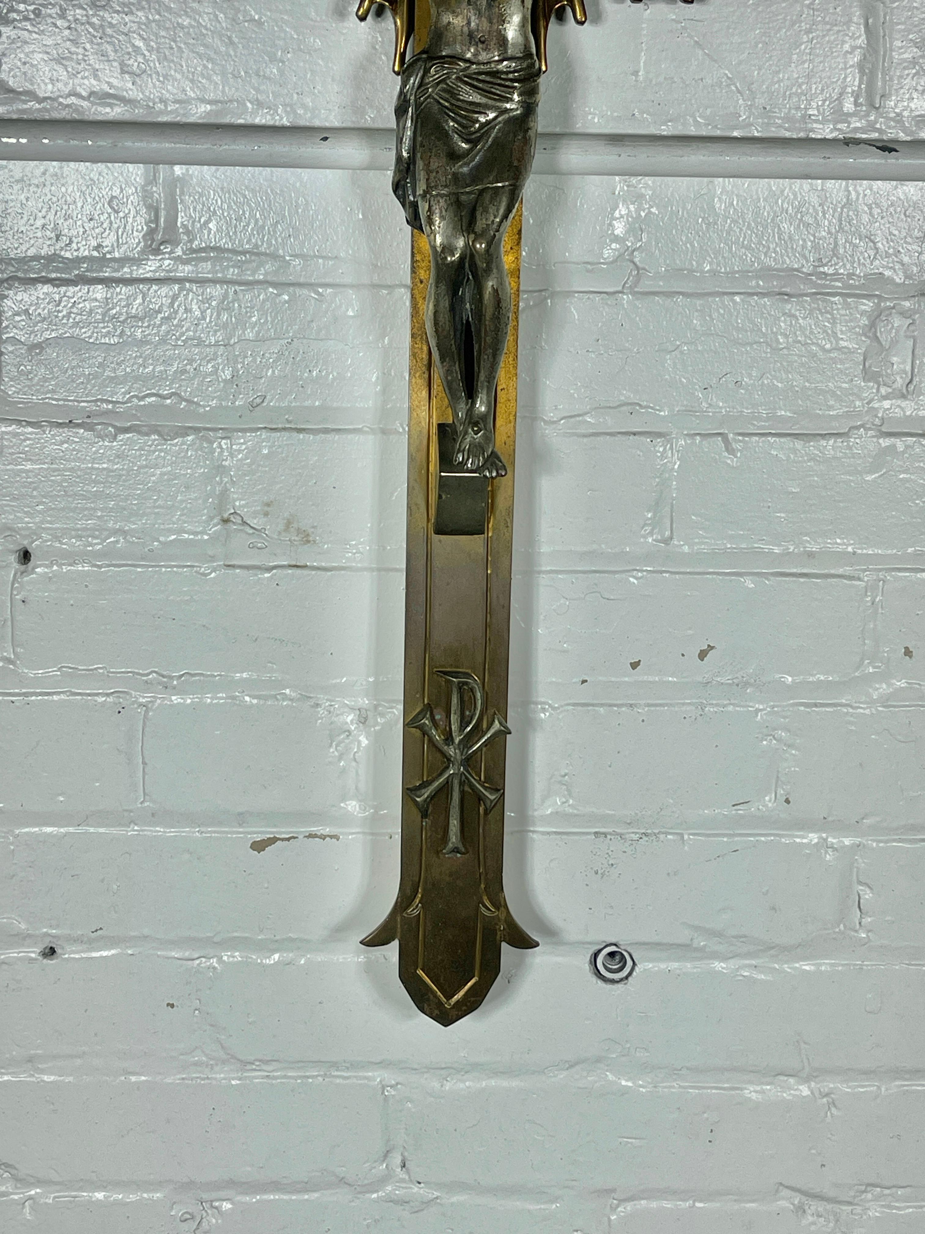 Early 20th Century Antique 1920's solid Bronze Stylized Crucifix  - Silver Plated Jesus Christ For Sale