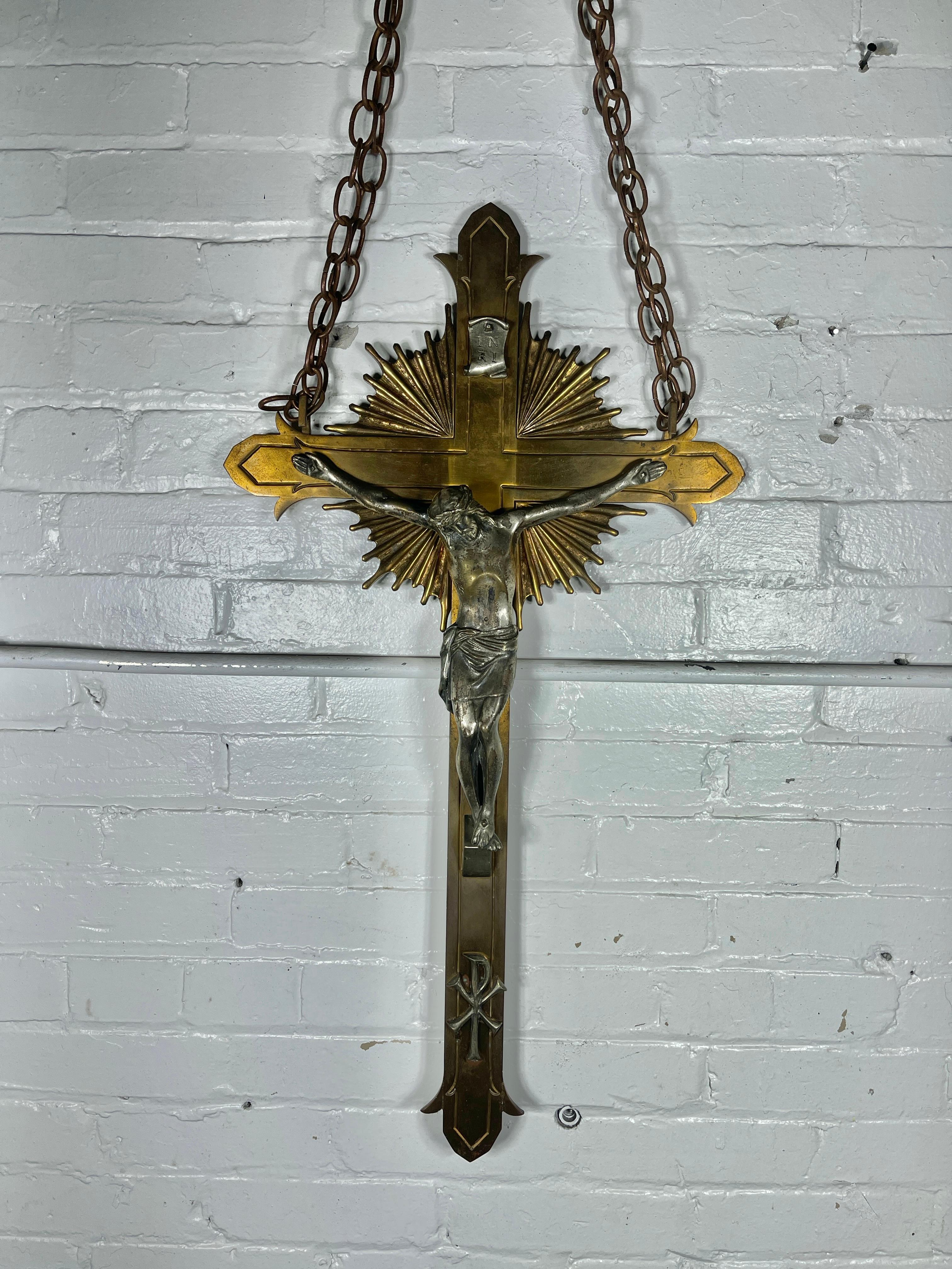 Antique 1920's solid Bronze Stylized Crucifix  - Silver Plated Jesus Christ For Sale 1