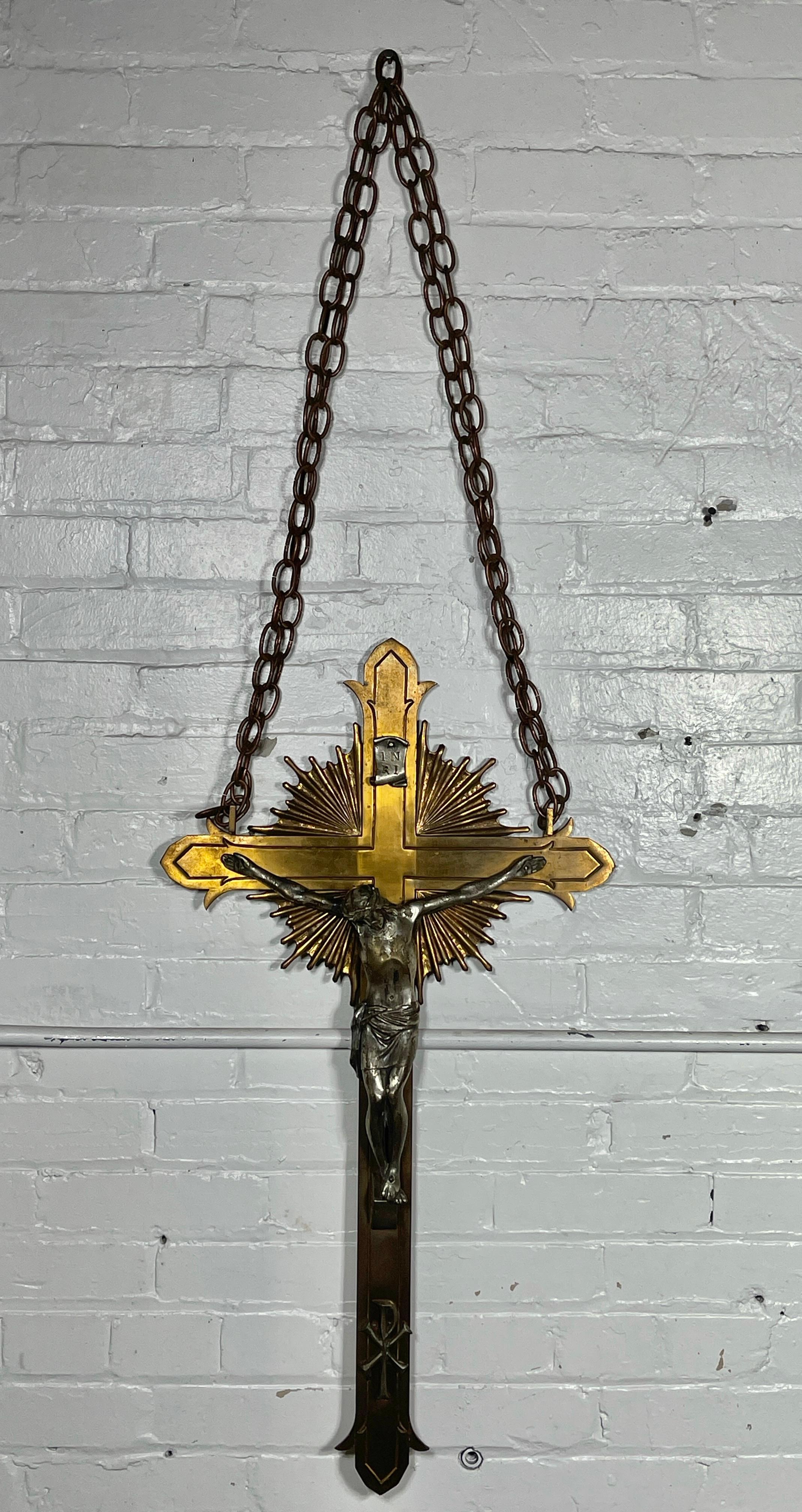 Antique 1920's solid Bronze Stylized Crucifix  - Silver Plated Jesus Christ For Sale 2