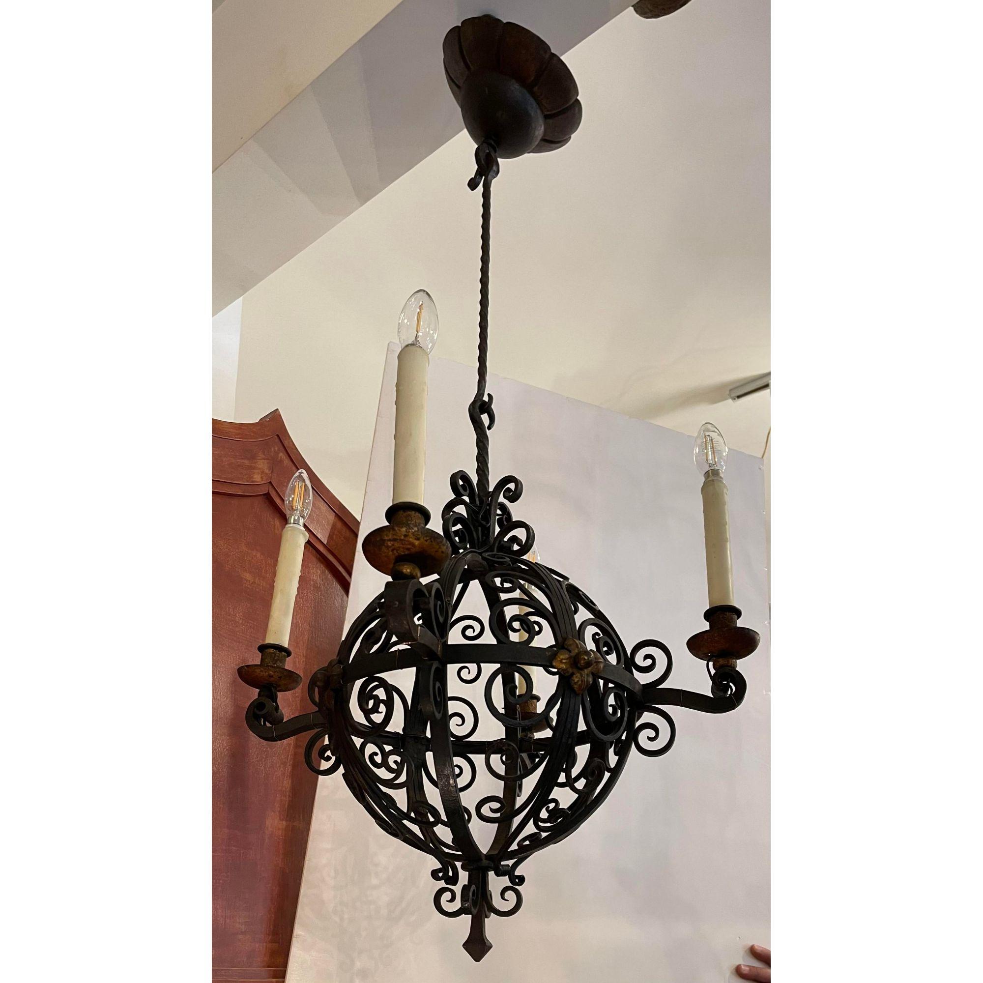Antique 1920s Spanish Colonial Wrought Iron Chandelier In Good Condition In LOS ANGELES, CA