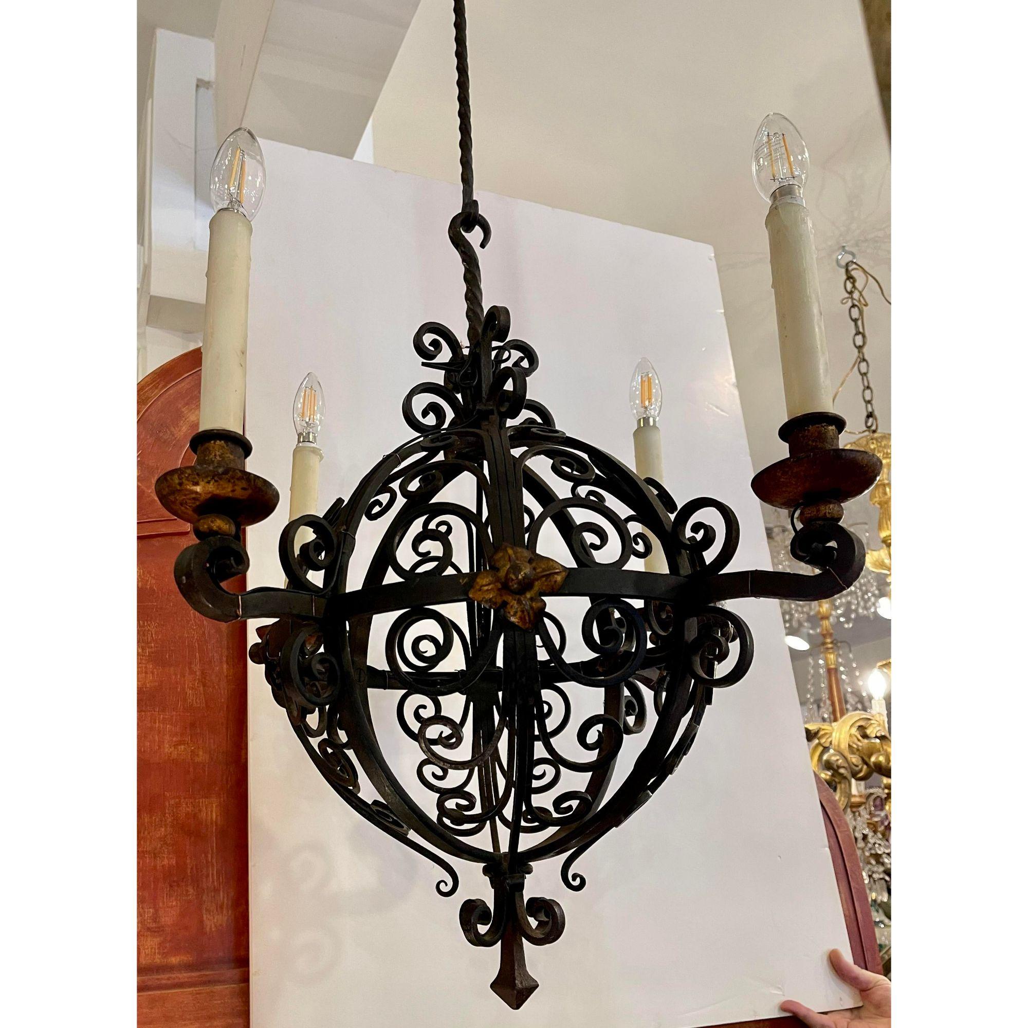 20th Century Antique 1920s Spanish Colonial Wrought Iron Chandelier