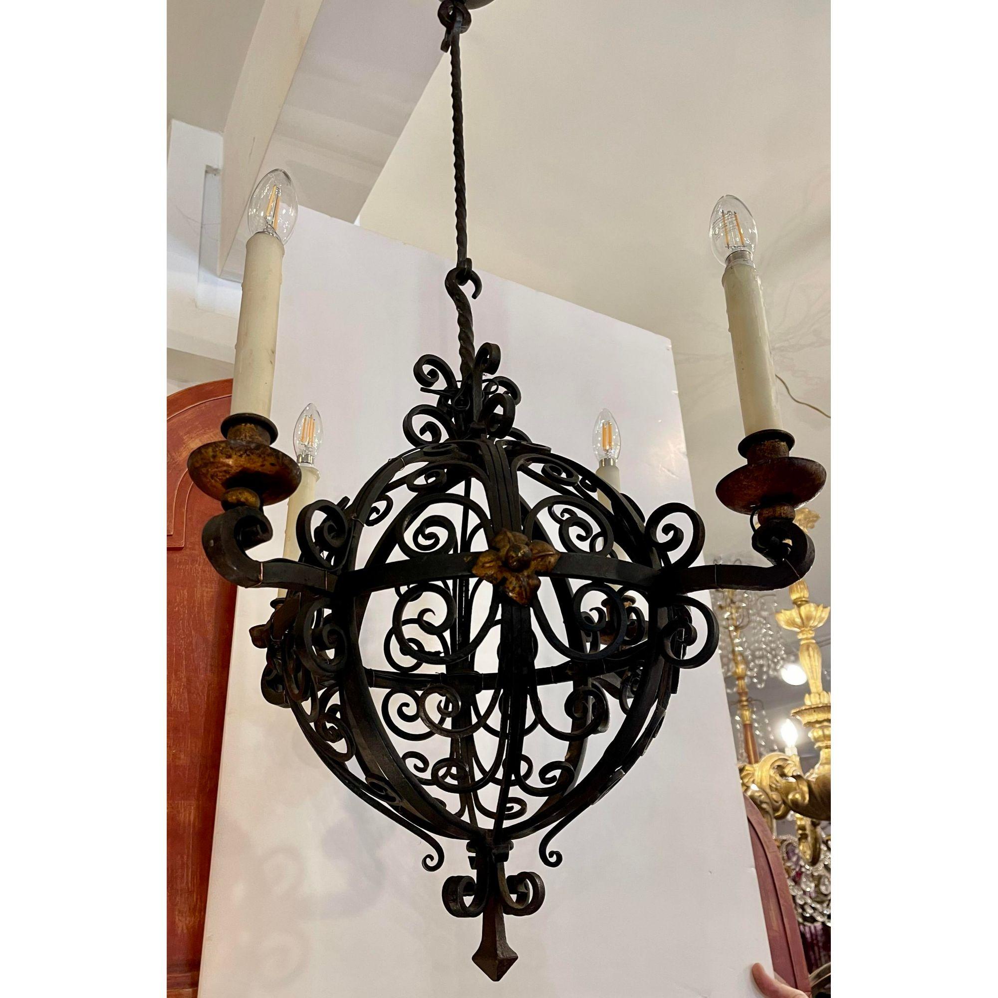 Antique 1920s Spanish Colonial Wrought Iron Chandelier 1