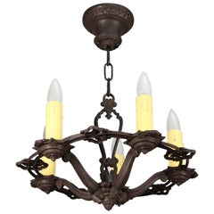 Antique 1920s Spanish Revival Chandelier with Five-Light and Small Drop
