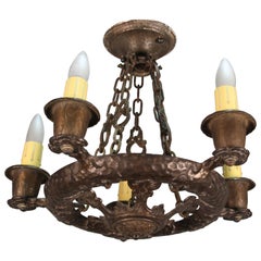 Antique 1920s Spanish Revival Tudor Style 5-Light Chandelier