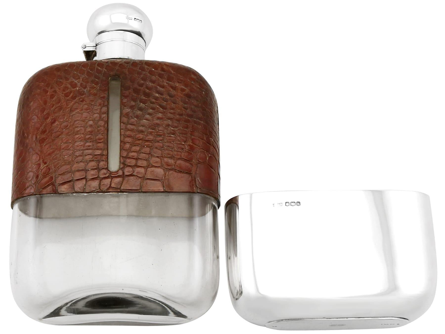 British Antique 1920s Sterling Silver and Crocodile Skin Hip Flask For Sale