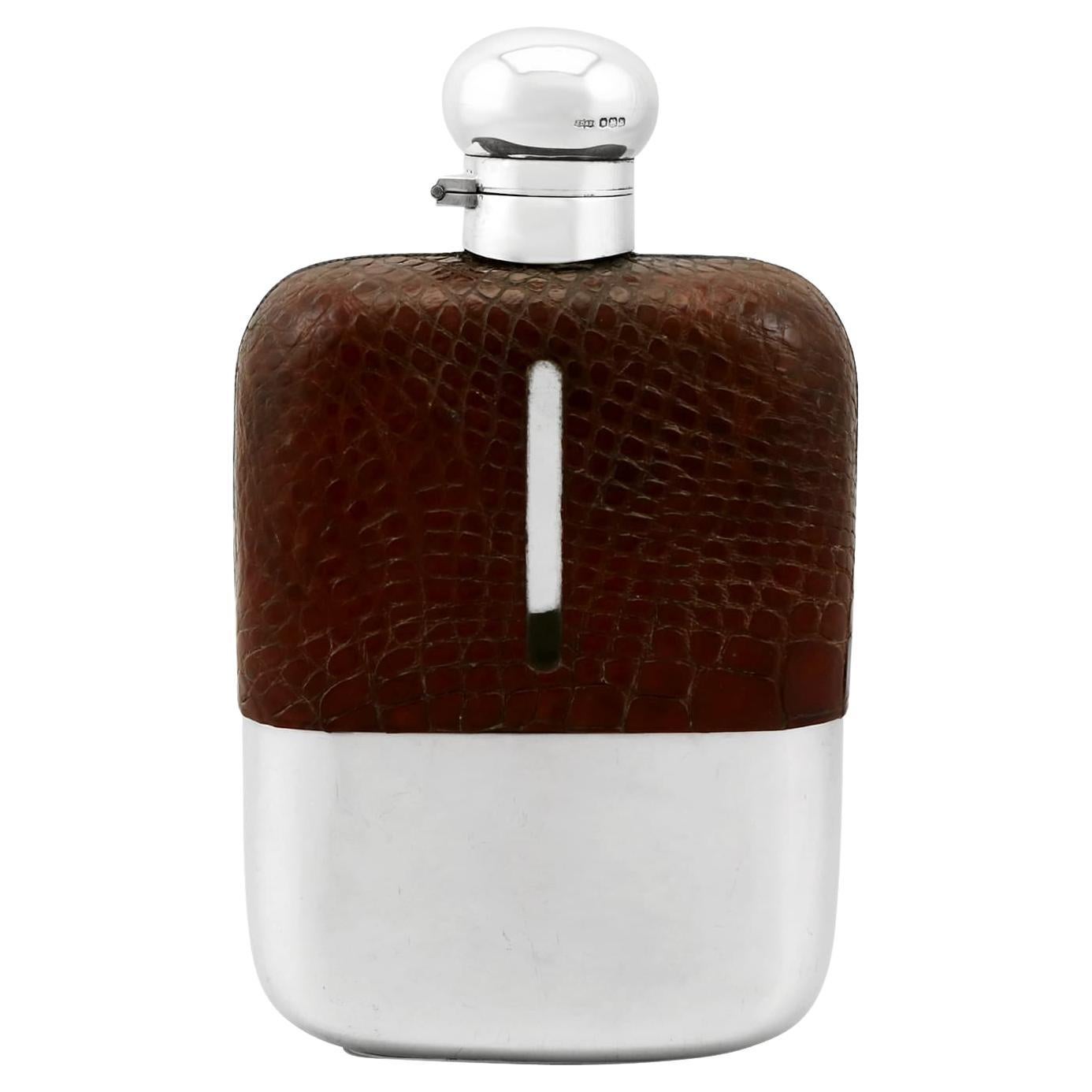 Antique 1920s Sterling Silver and Crocodile Skin Hip Flask For Sale