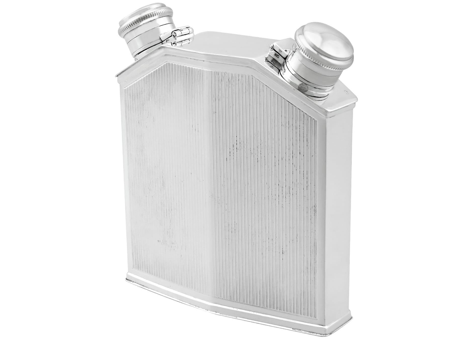 British Antique 1920s Sterling Silver Double Radiator Hip Flask For Sale