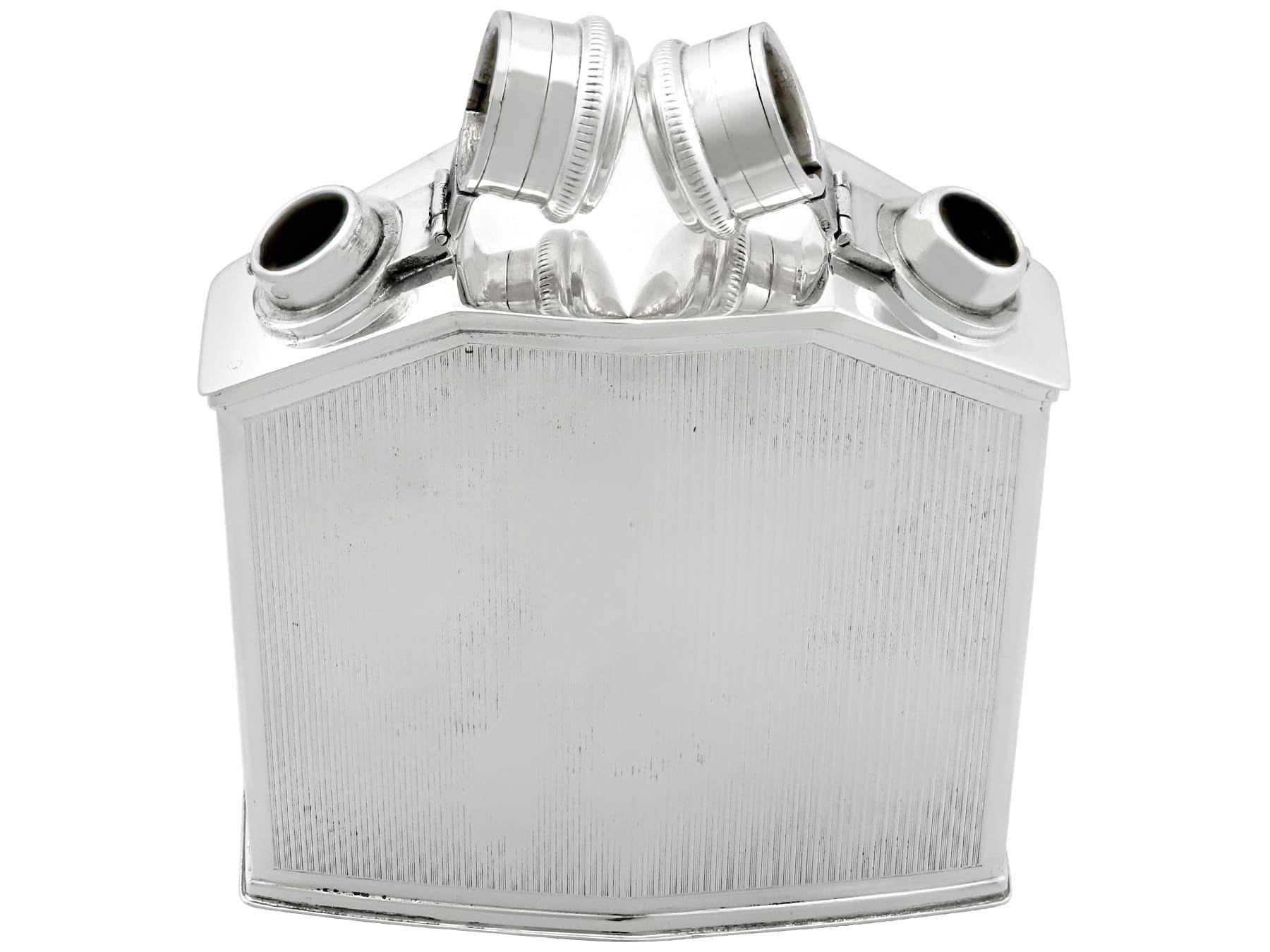 British Antique 1920s Sterling Silver Double Radiator Hip Flask For Sale