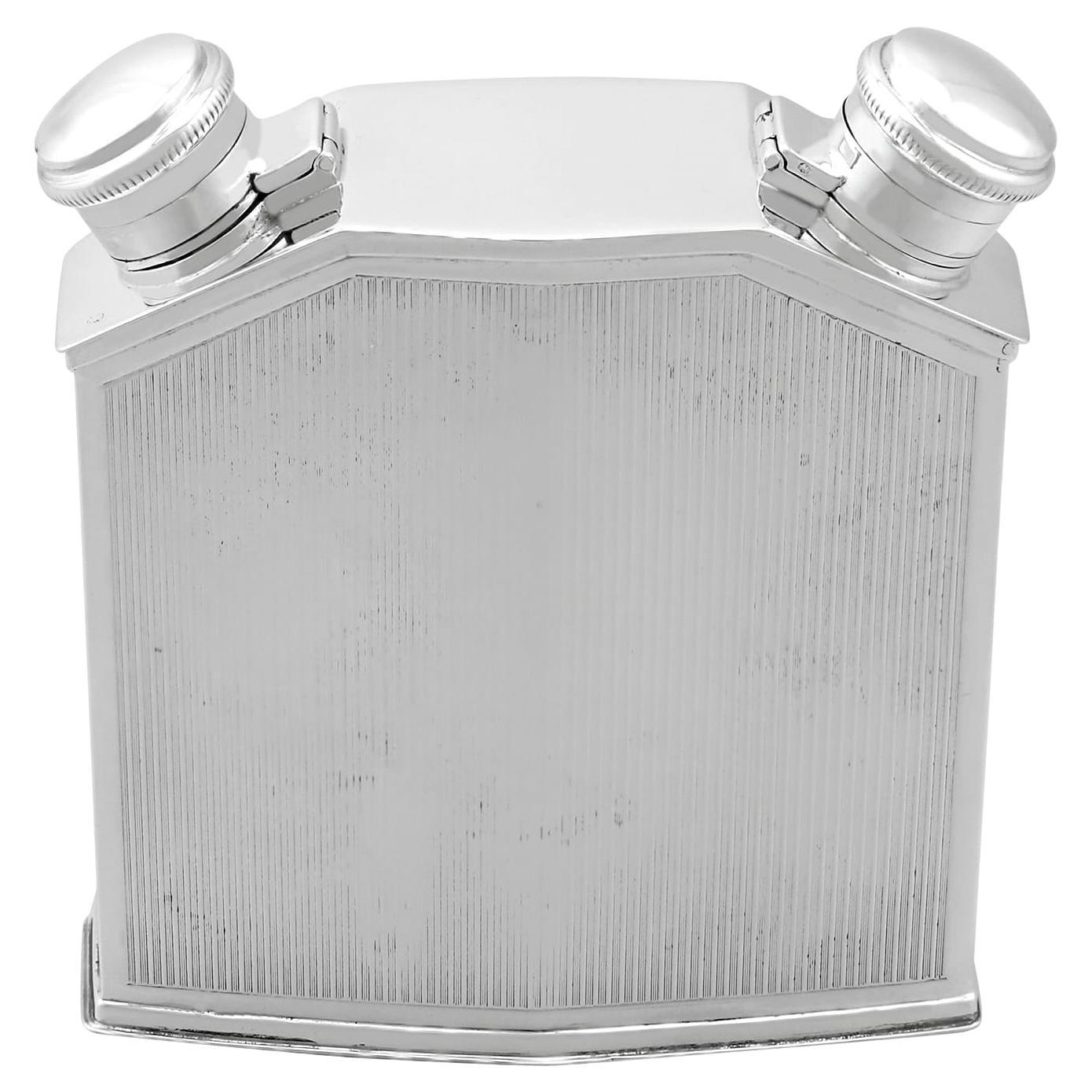 Antique 1920s Sterling Silver Double Radiator Hip Flask For Sale