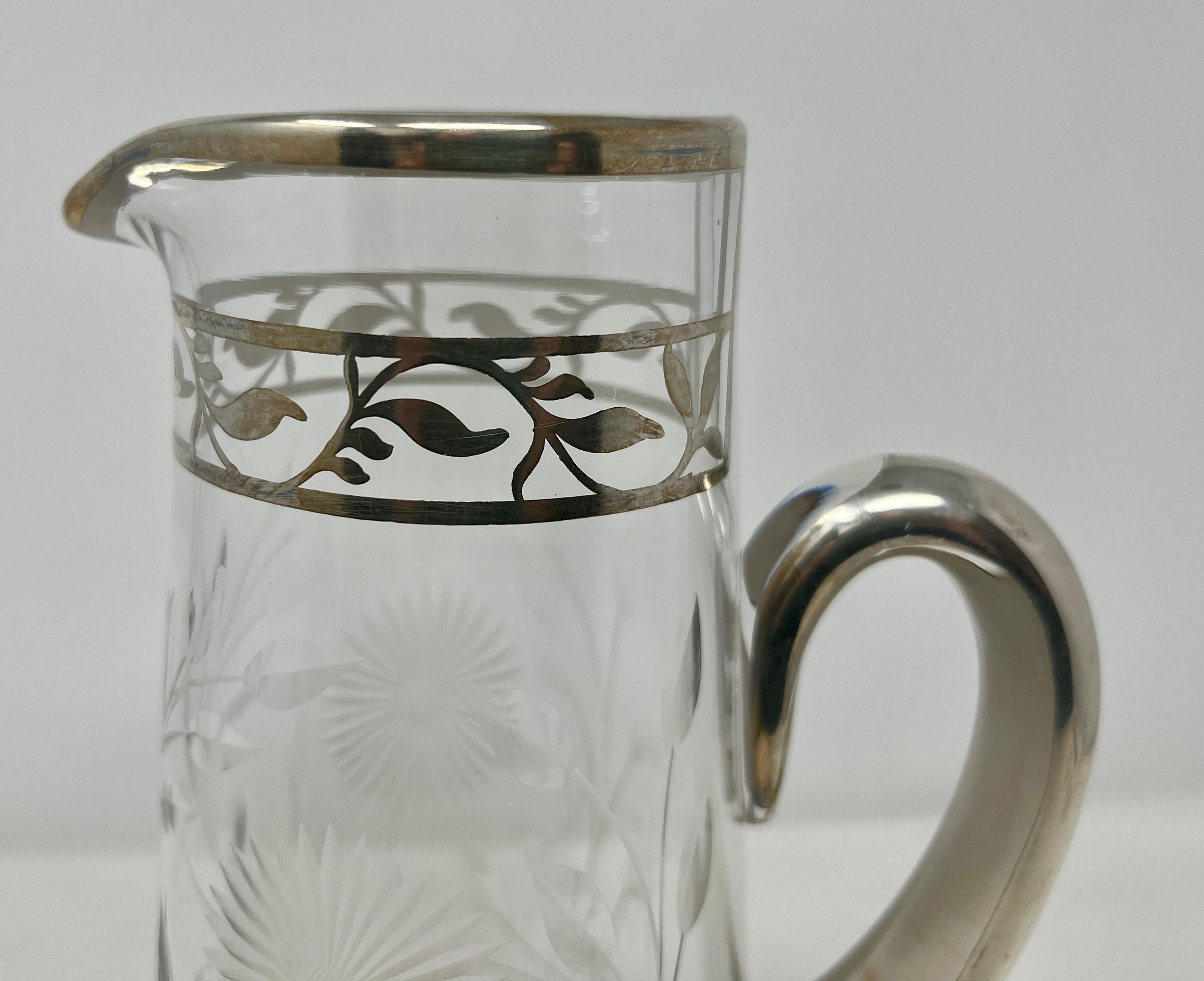 Antique Hand Etched & Wheel Carved Glass Pitcher with Sterling Silver Overlay, Circa 1920s-1930s.