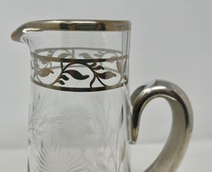 Antique 1920s Sterling Silver Overlay & Hand Etched, Wheel Carved Glass Pitcher
