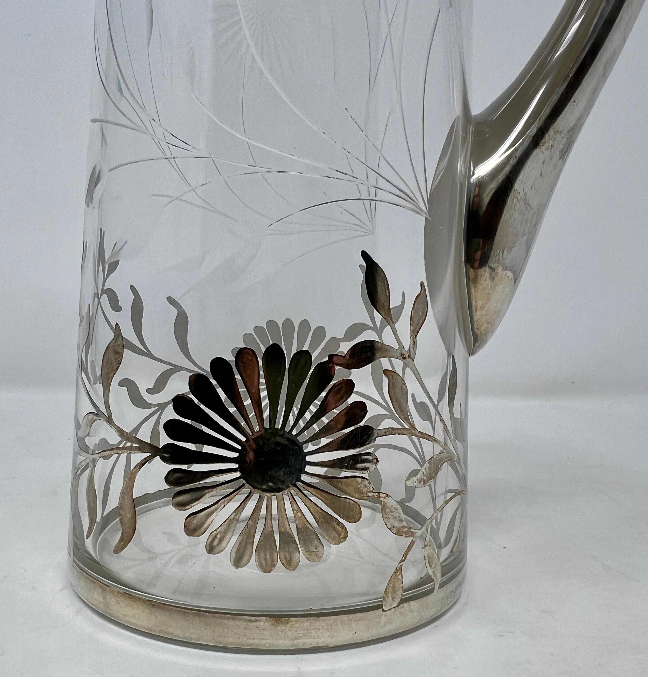 Antique 1920s Sterling Silver Overlay & Hand Etched, Wheel Carved Glass Pitcher  In Good Condition In New Orleans, LA
