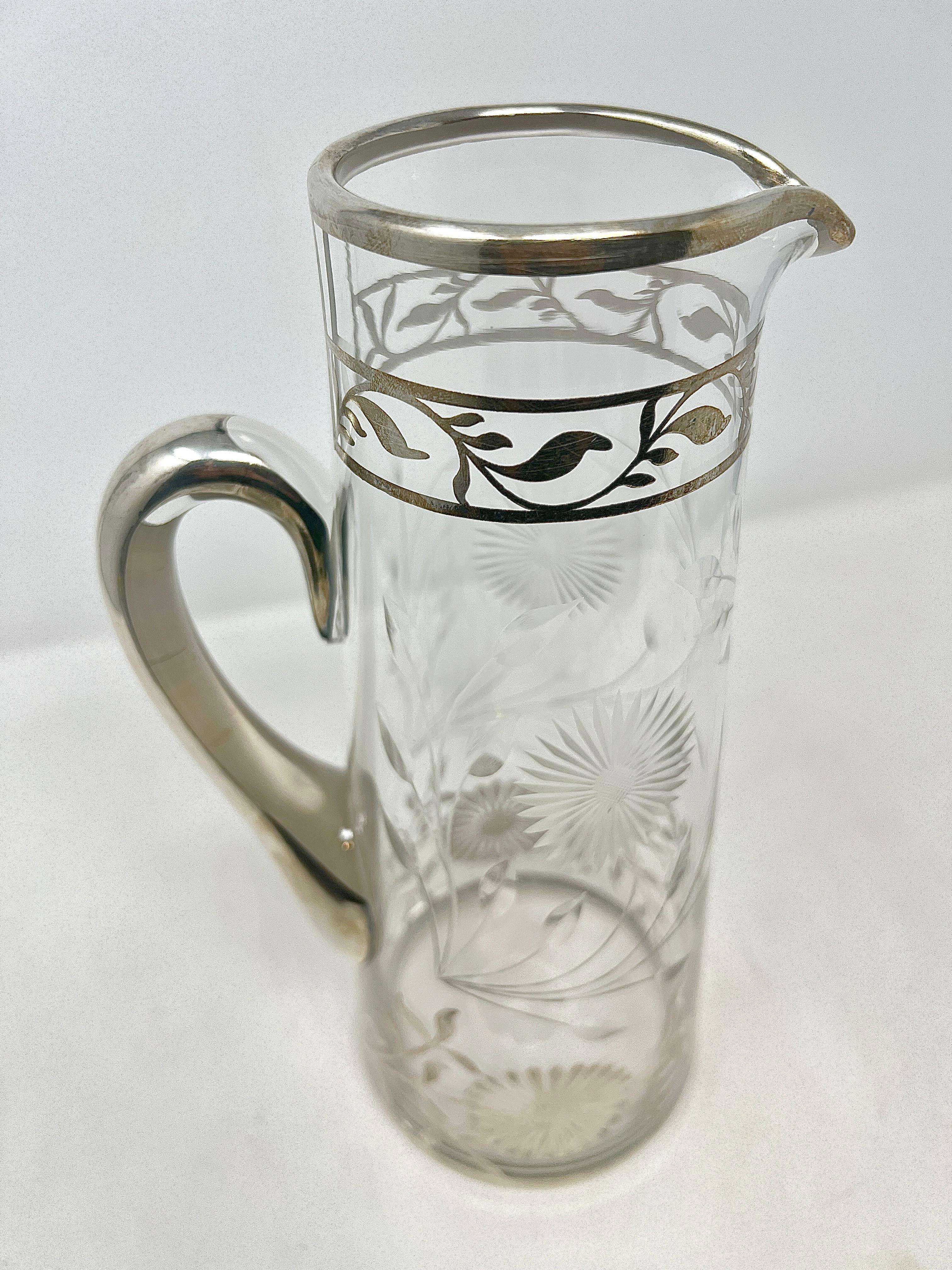 20th Century Antique 1920s Sterling Silver Overlay & Hand Etched, Wheel Carved Glass Pitcher