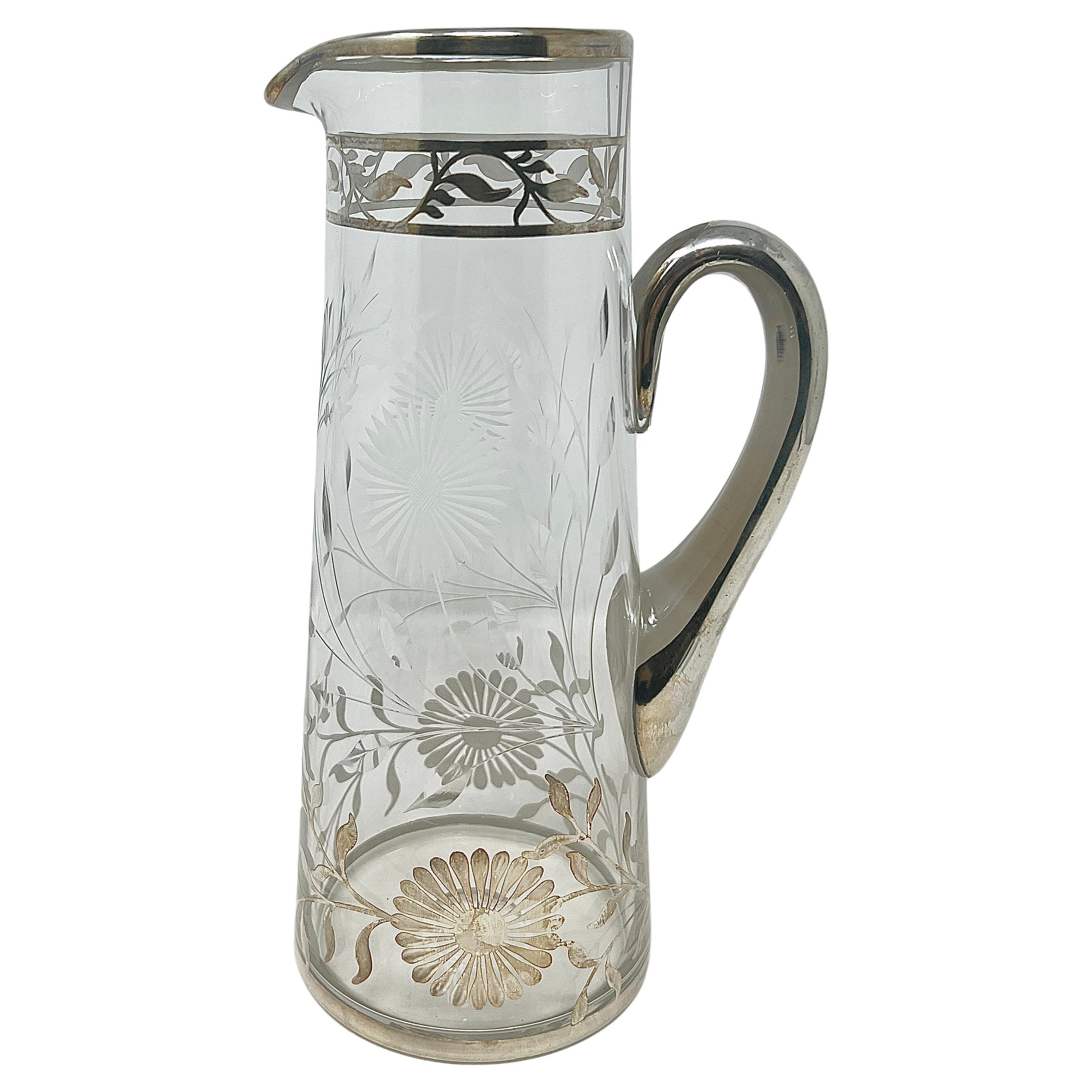 Antique 1920s Sterling Silver Overlay & Hand Etched, Wheel Carved Glass Pitcher 