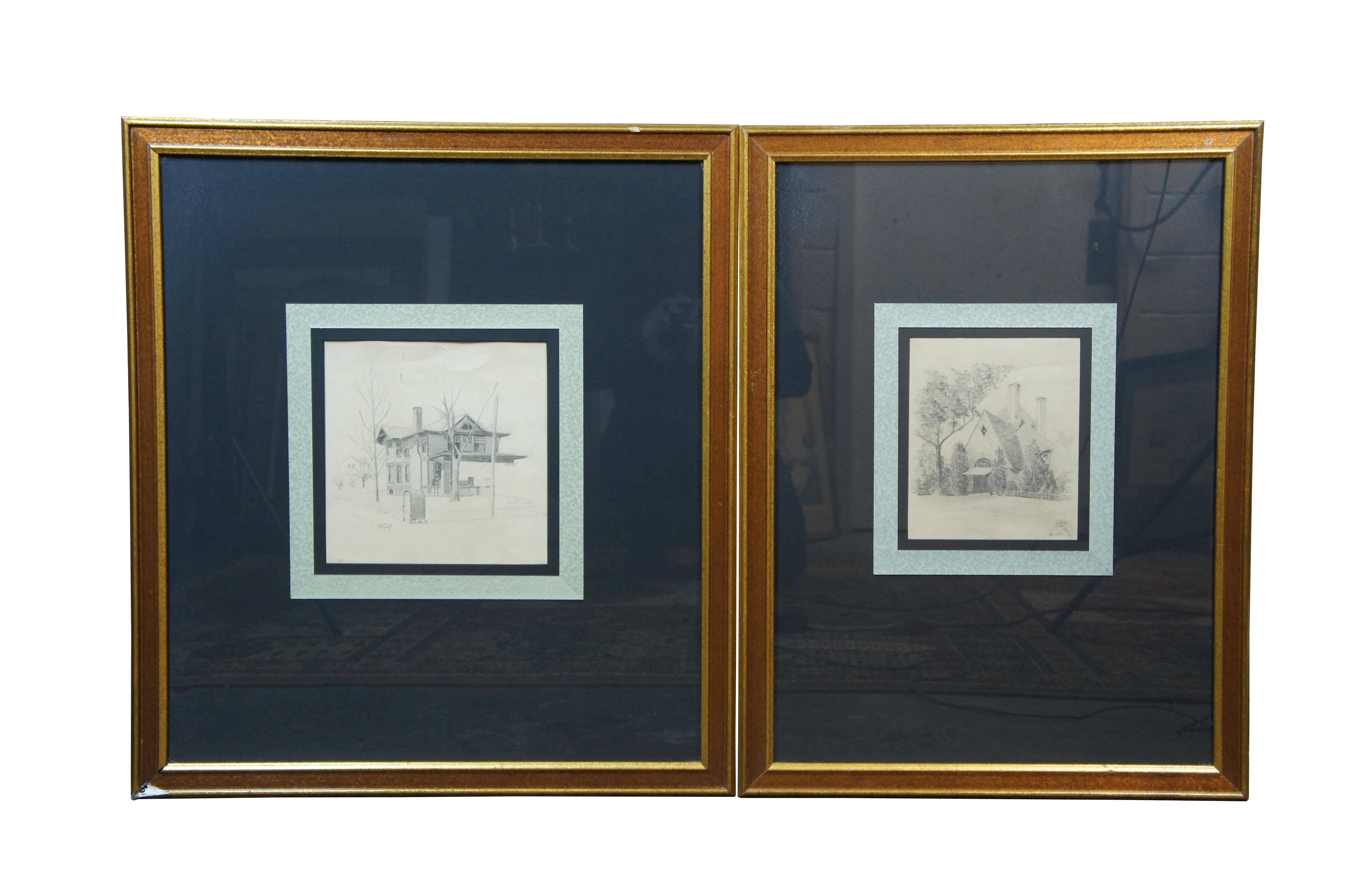 Set of three 20th century pencil sketches / architectural drawings of the fronts of houses. One signed by T. Voorhees and double dated April 25, '22 and '24. Beveled wood frame with gilded edges; black mat with blue marbled detail.

