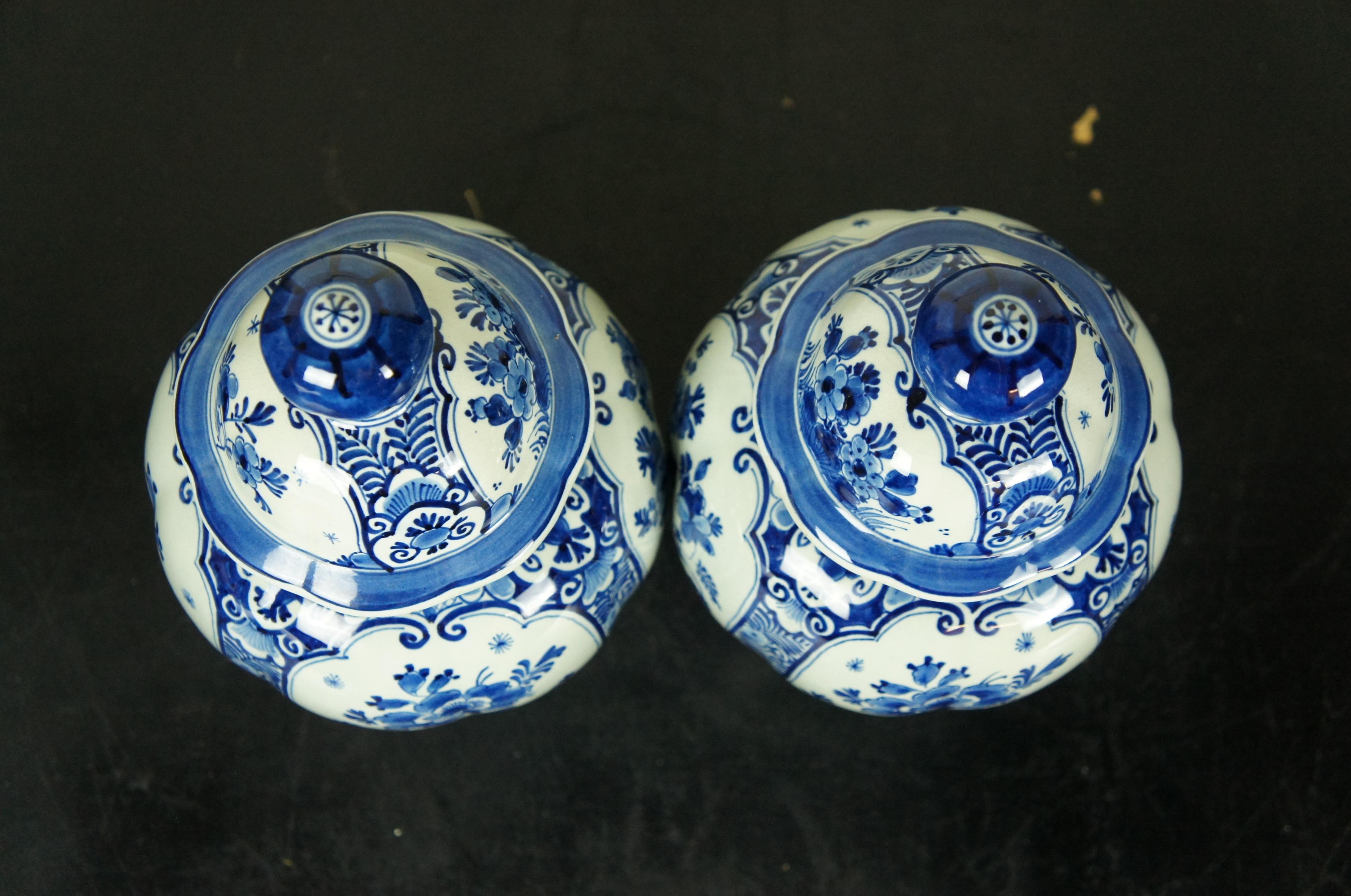 Antique 1922 Royal Delft Blue White Porcelain Lidded Urn Ginger Jar Mantel Vases 1