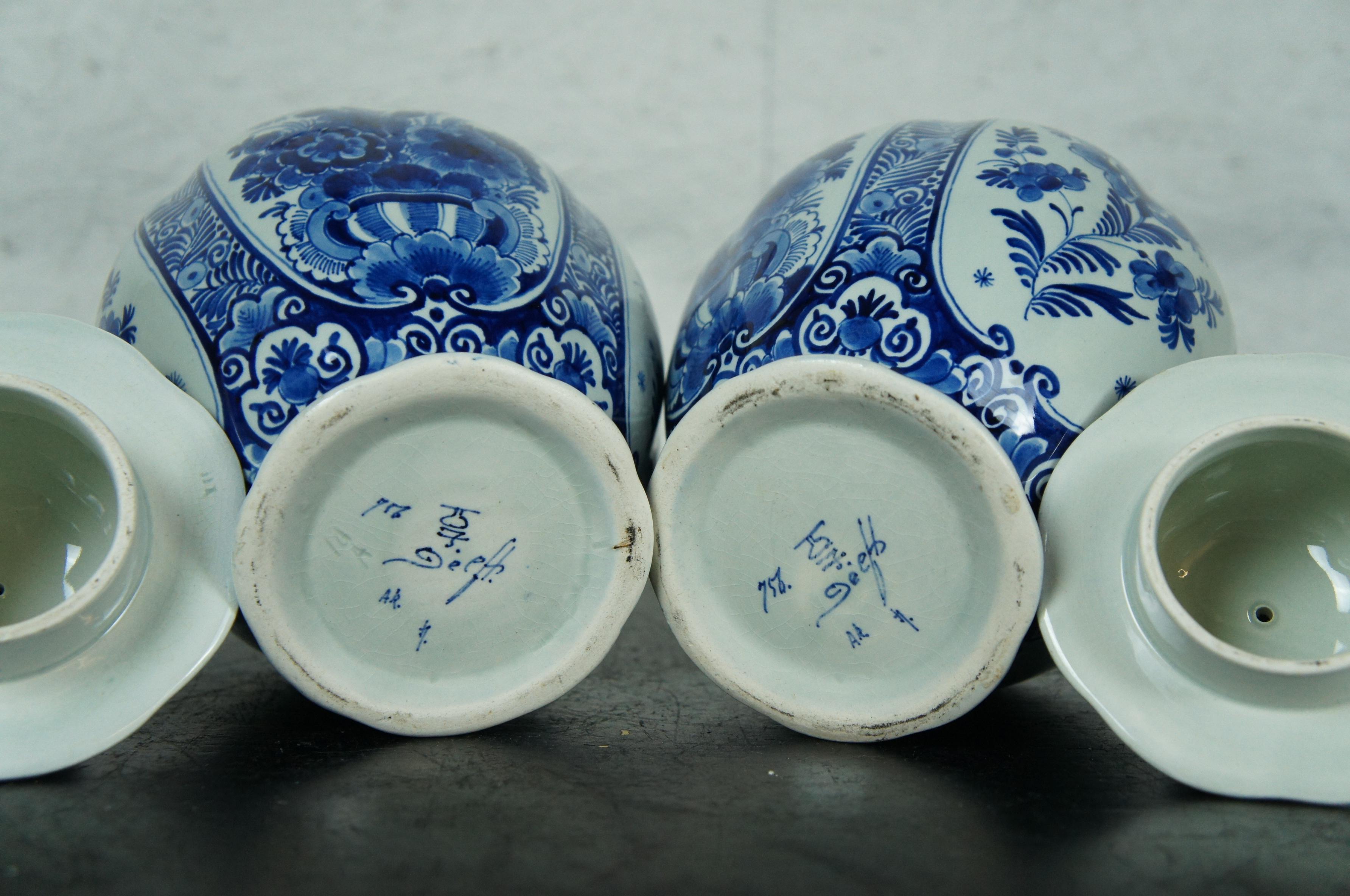Antique 1922 Royal Delft Blue White Porcelain Lidded Urn Ginger Jar Mantel Vases 4