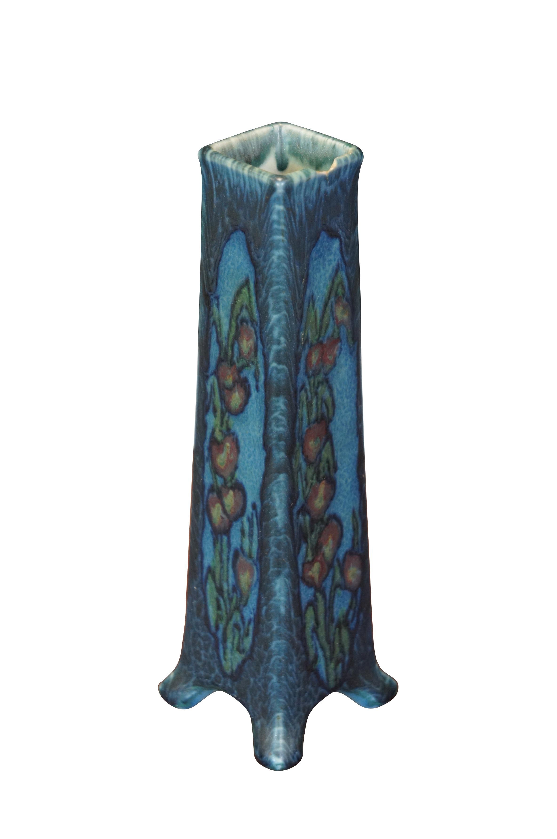 Antique 1923 Rookwood Pottery flower vase designed by Vera Tischler. shape number 2015 - slightly tapered, footed  rectangular form with art nouveau decoration, consisting of a stalk of red and yellow flowers on a swirled two-tone blue background